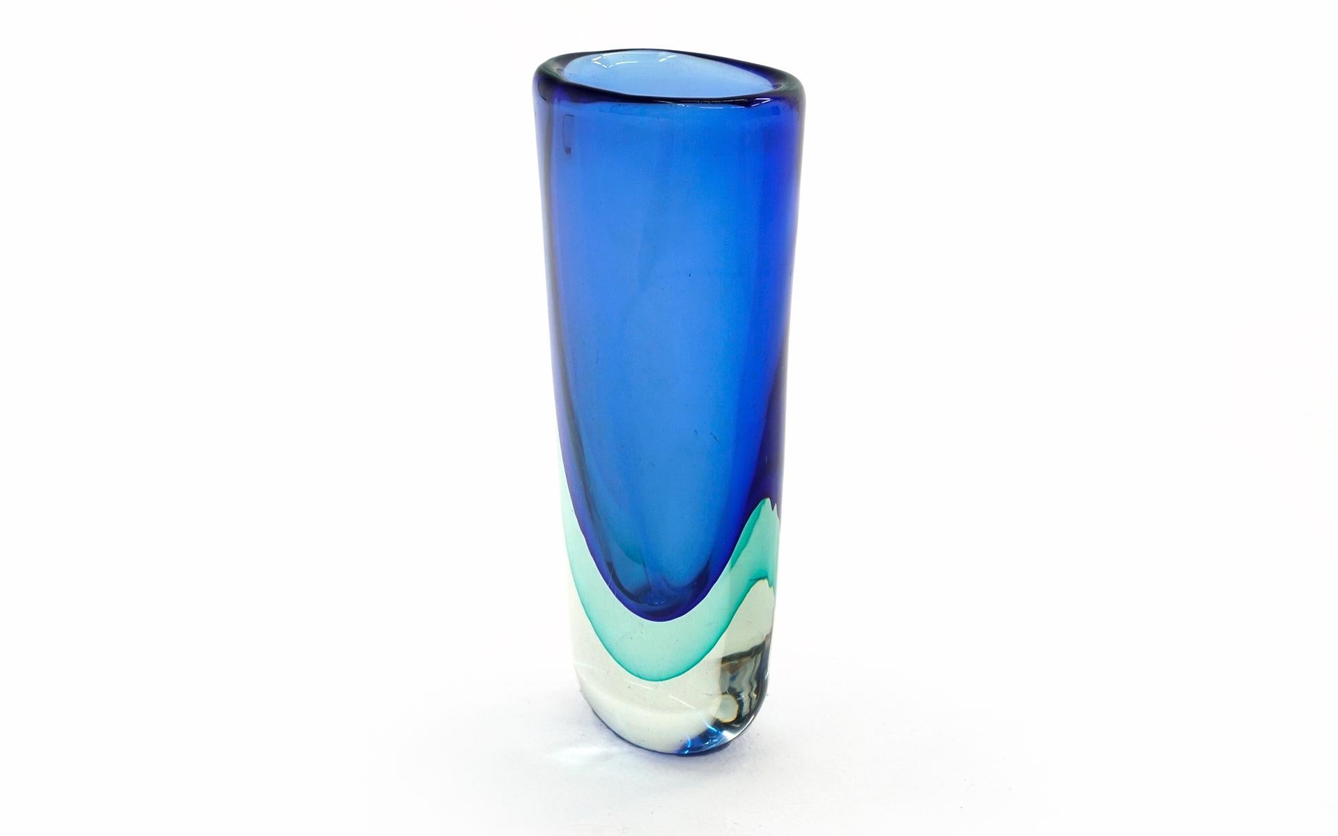 Murano Sommerso blown glass vase. Thick and heavy, beautiful blue and teal / green colors. Tiny flea bites along the bottom edge and scratches to the underside.
