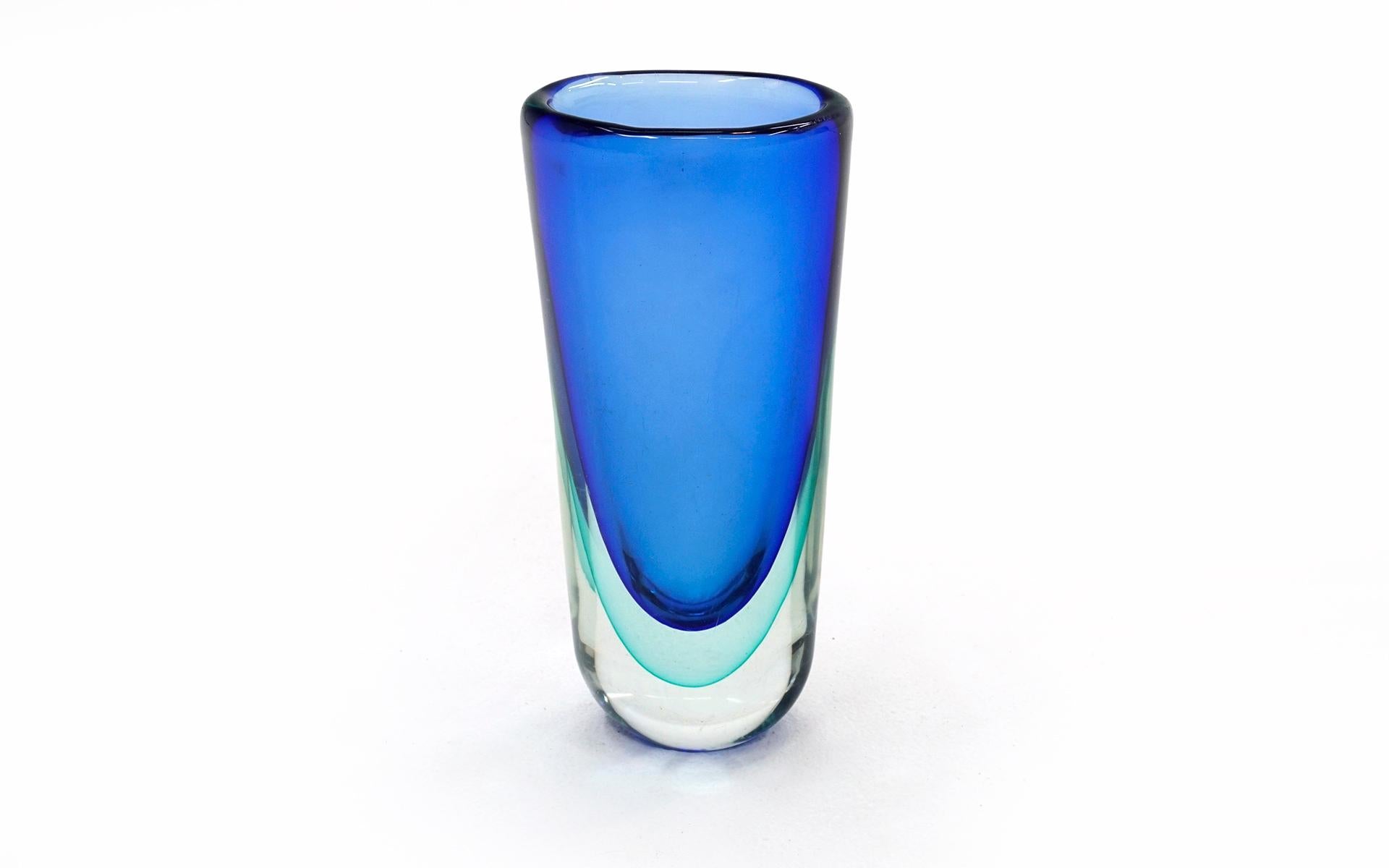 Mid-Century Modern Large, Heavy Blue and Teal Sommerso Murano Art Glass Vase For Sale