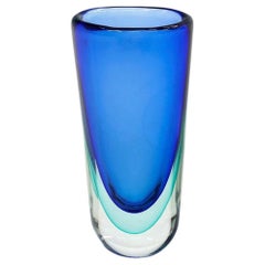 Retro Large, Heavy Blue and Teal Sommerso Murano Art Glass Vase