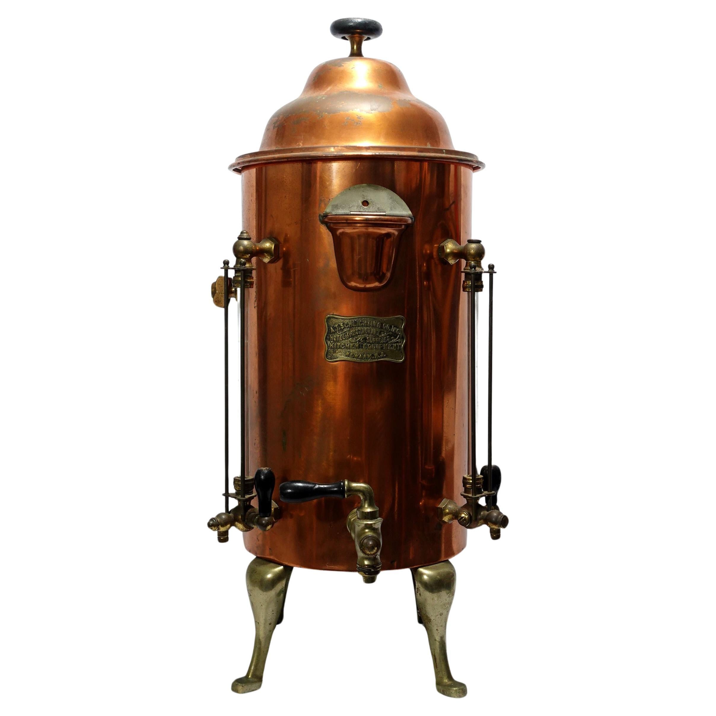 Antiquités 1900 - Urne à eau chaude/café en laiton et cuivre, grande et lourde, avec étiquette en laiton en vente