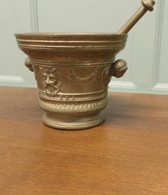 Large Heavy Brass Gothic Pestle and Mortar