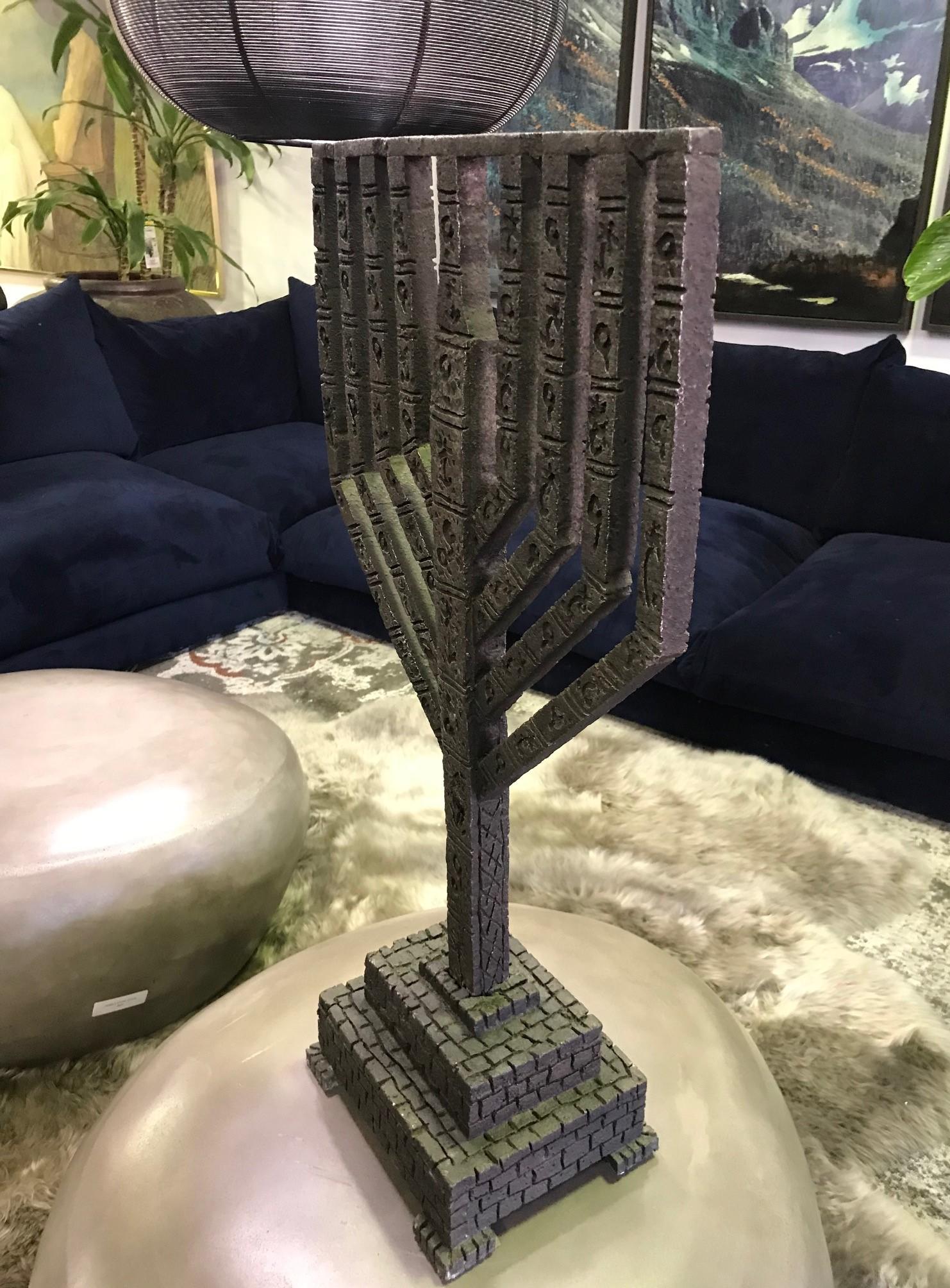 Large Heavy Brutalist Hand Forged in Israel Iron Hanukkah Menorah Sculpture For Sale 3