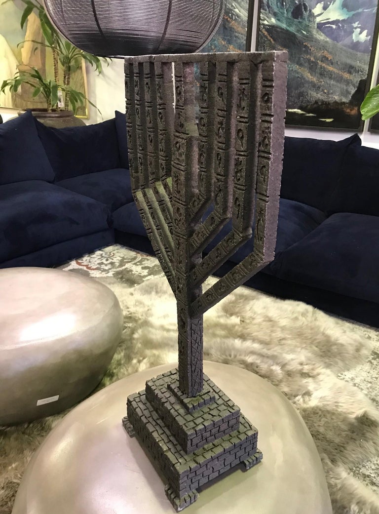 Large Heavy Brutalist Hand Forged in Israel Iron Hanukkah Menorah Sculpture For Sale 5
