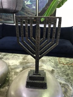 Large Heavy Brutalist Hand Forged in Israel Iron Hanukkah Menorah Sculpture
