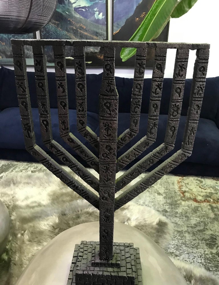 Hand-Crafted Large Heavy Brutalist Hand Forged in Israel Iron Hanukkah Menorah Sculpture For Sale