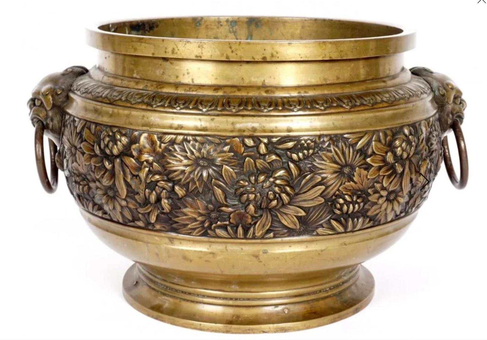 Brass Large Heavy Chinese Cast Gilt Bronze Planter For Sale