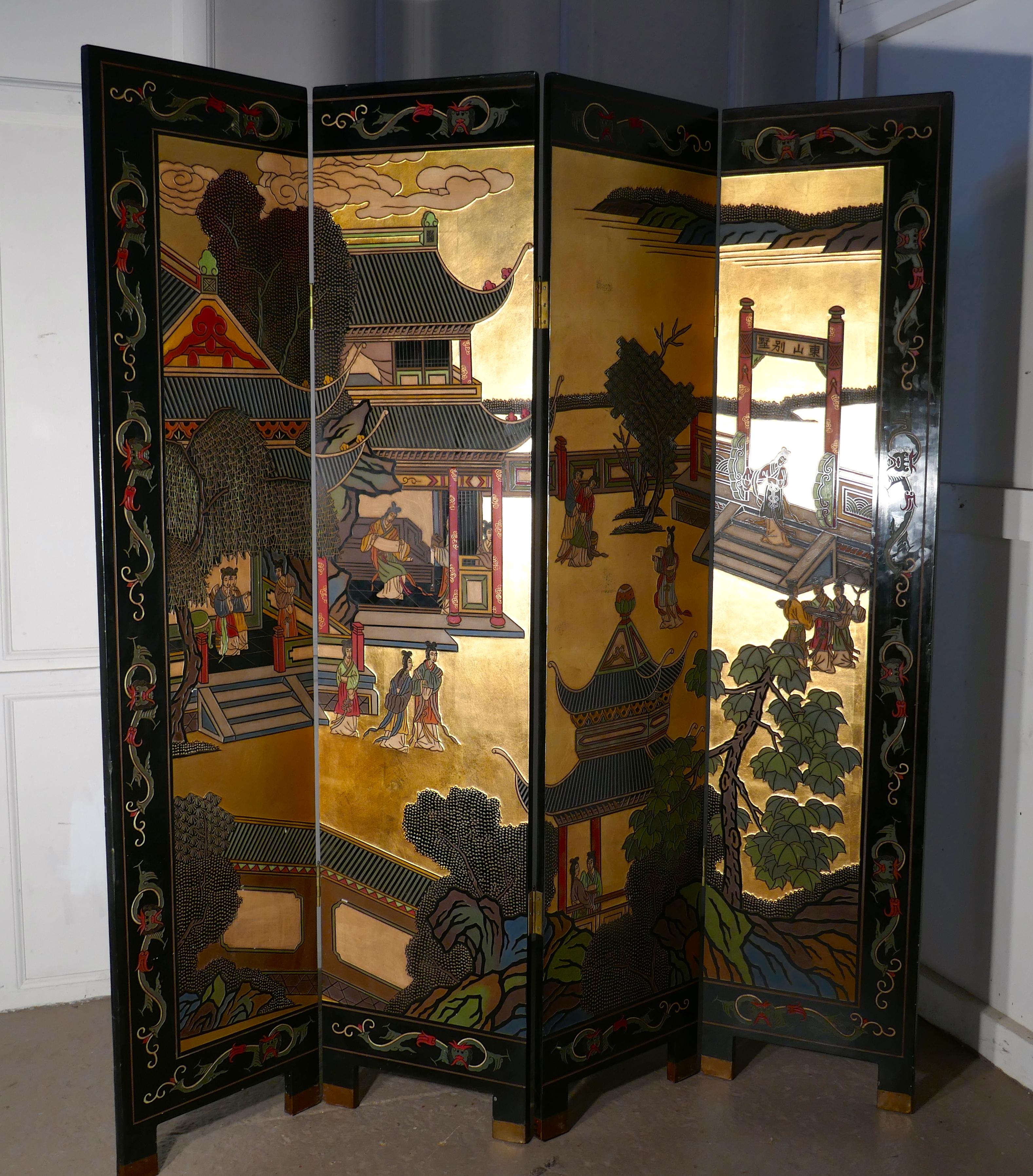 20th Century Large Heavy Decorated Japanese Lacquer Room Divider Screen