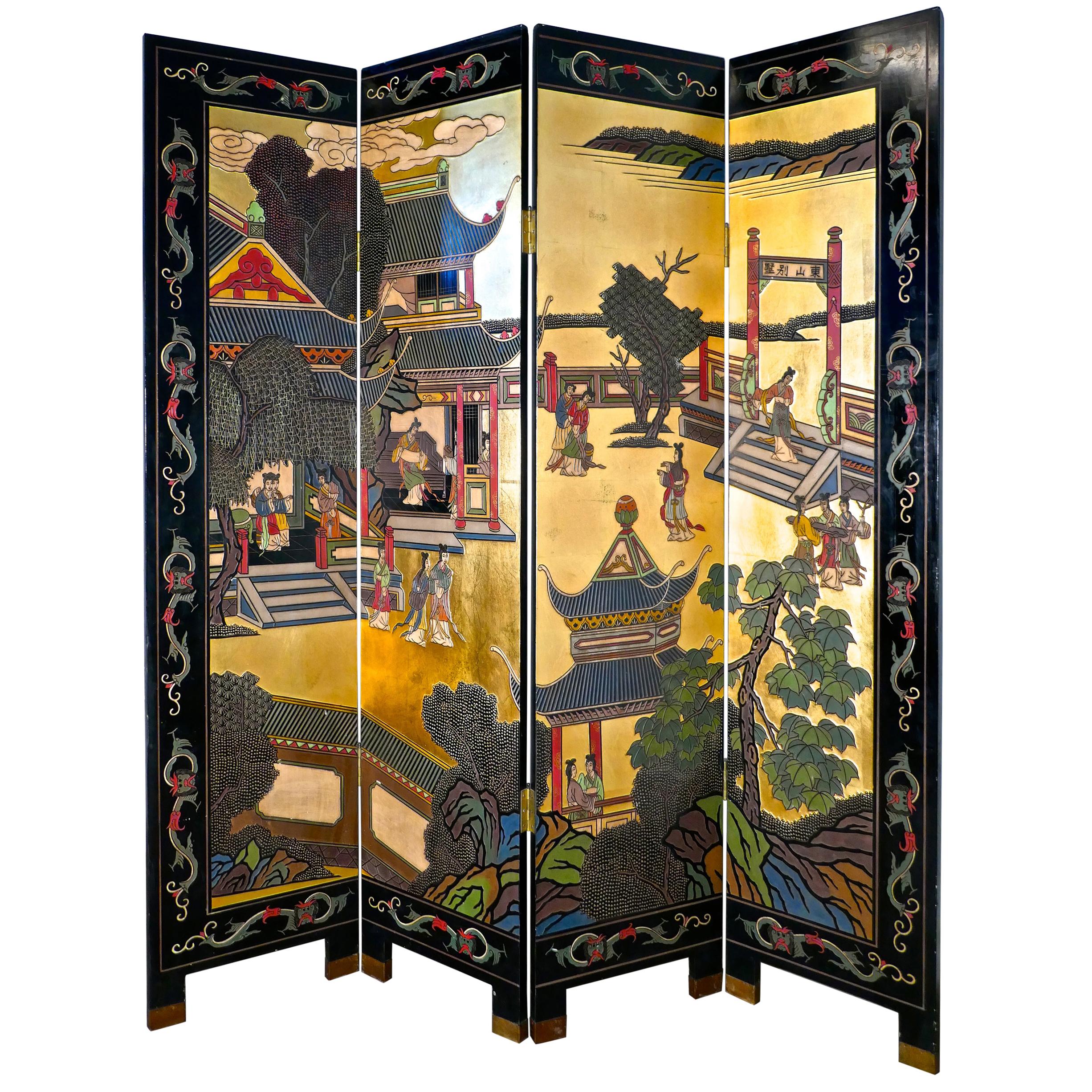 Large Heavy Decorated Japanese Lacquer Room Divider Screen