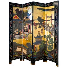 Grand écran séparateur en laque japonaise fortement décoré