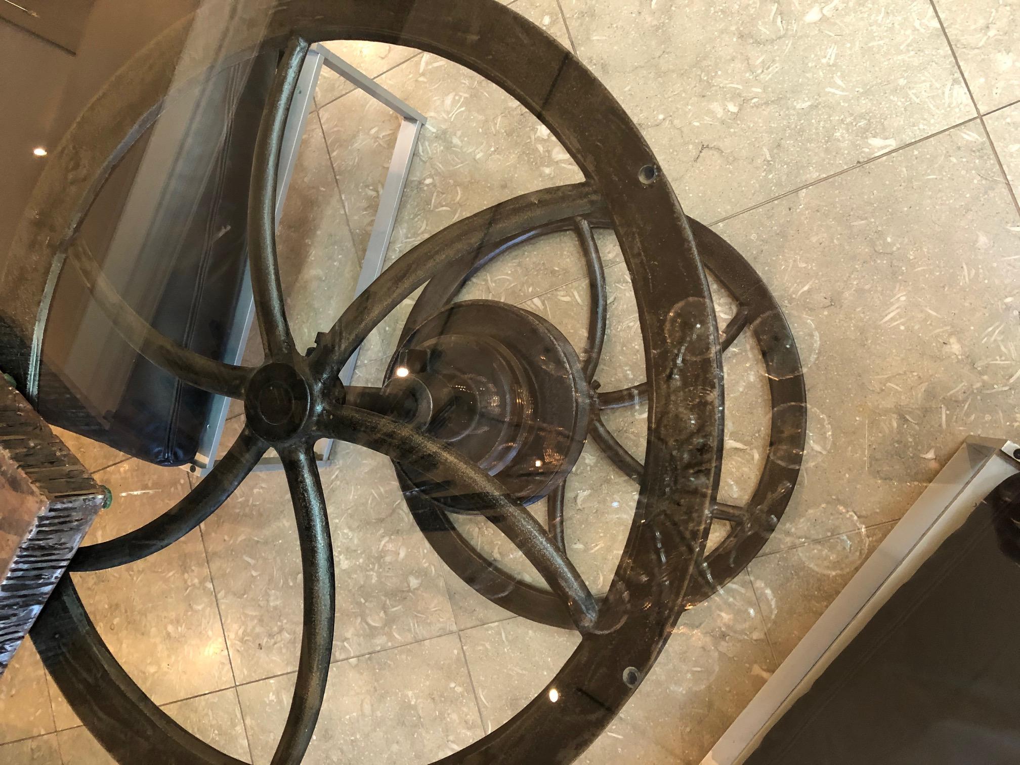Large Heavy-Duty Antique Industrial Cast Iron Table with Glass Top In Good Condition In San Francisco, CA