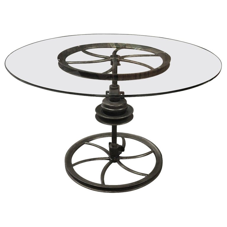 Large HeavyDuty Antique Industrial Cast Iron Table with Glass Top at