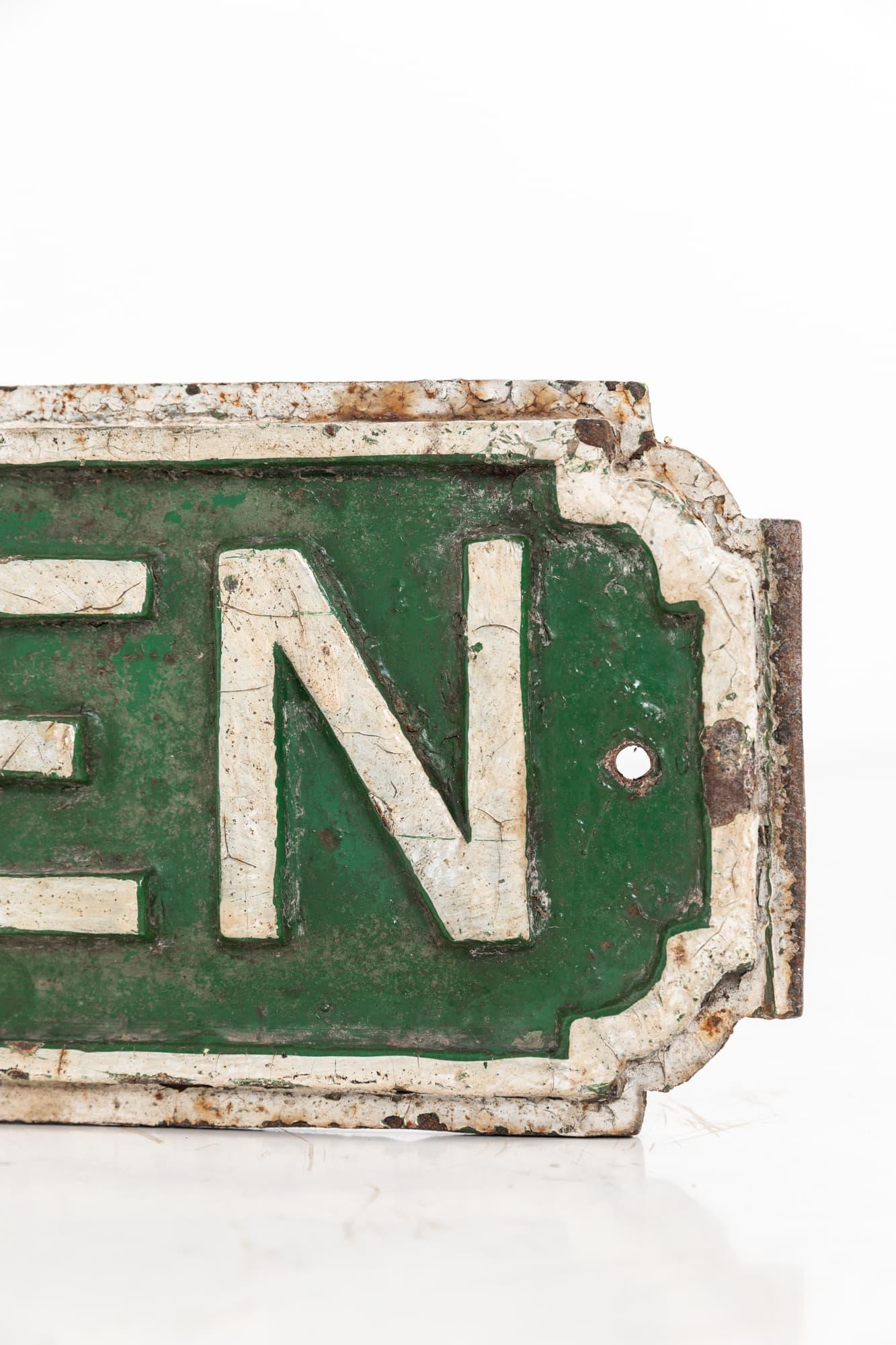 

A large heavy duty cast iron Gentlemen sign. c.1930

In totally original condition with an amazing patina to the green paint. Likely once mounted outside a public restroom or similar.
