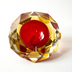 Large, Heavy Flavio Poli Sommerso Murano Ashtray 1950s Faceted Red Blue Glass
