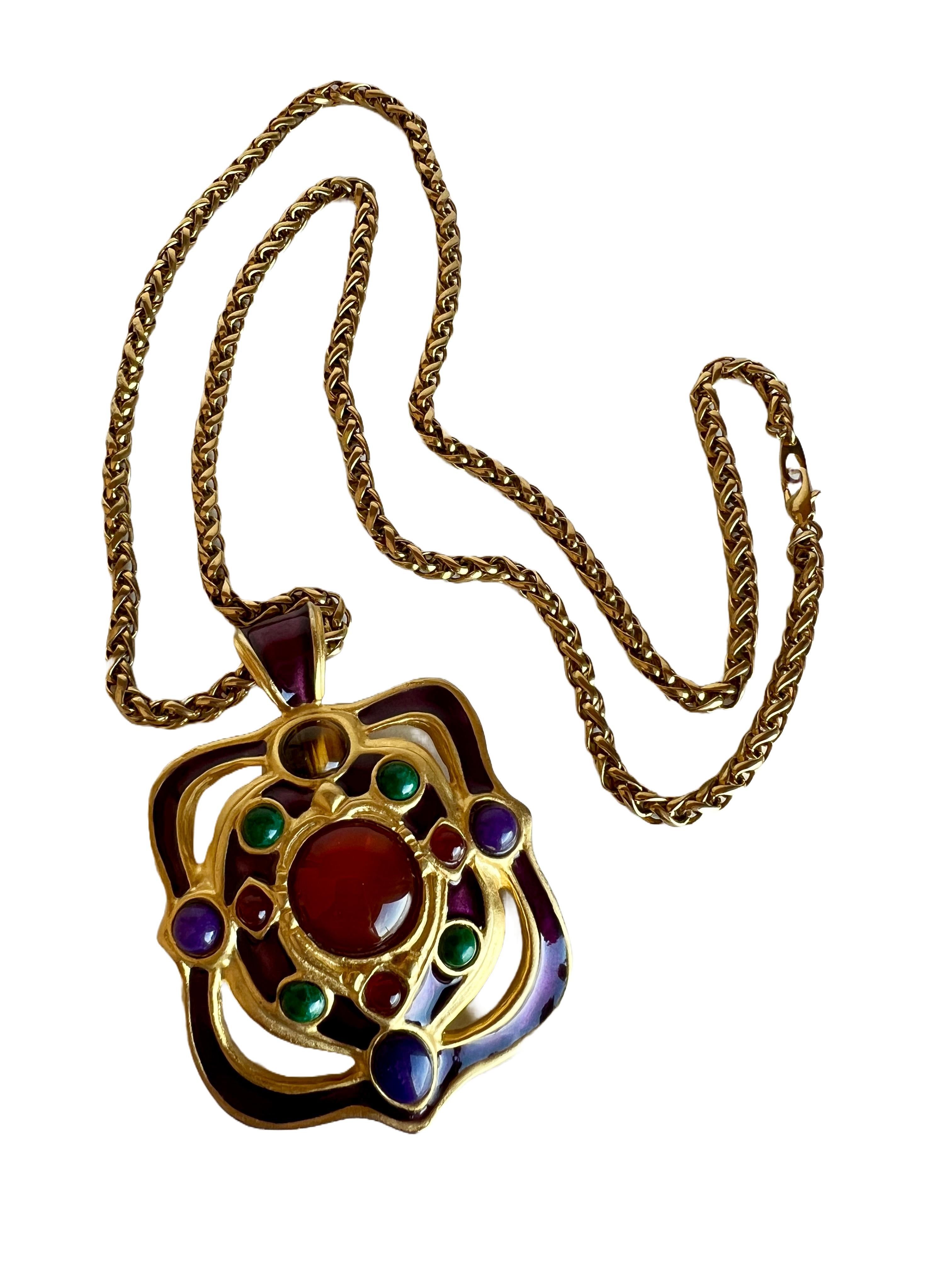 Large Heavy Gem Cabochon Enamel Franco Chain Choker Necklace Carnelian Malachite For Sale 6