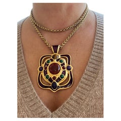 Large Heavy Gem Cabochon Enamel Franco Chain Choker Necklace Carnelian Malachite