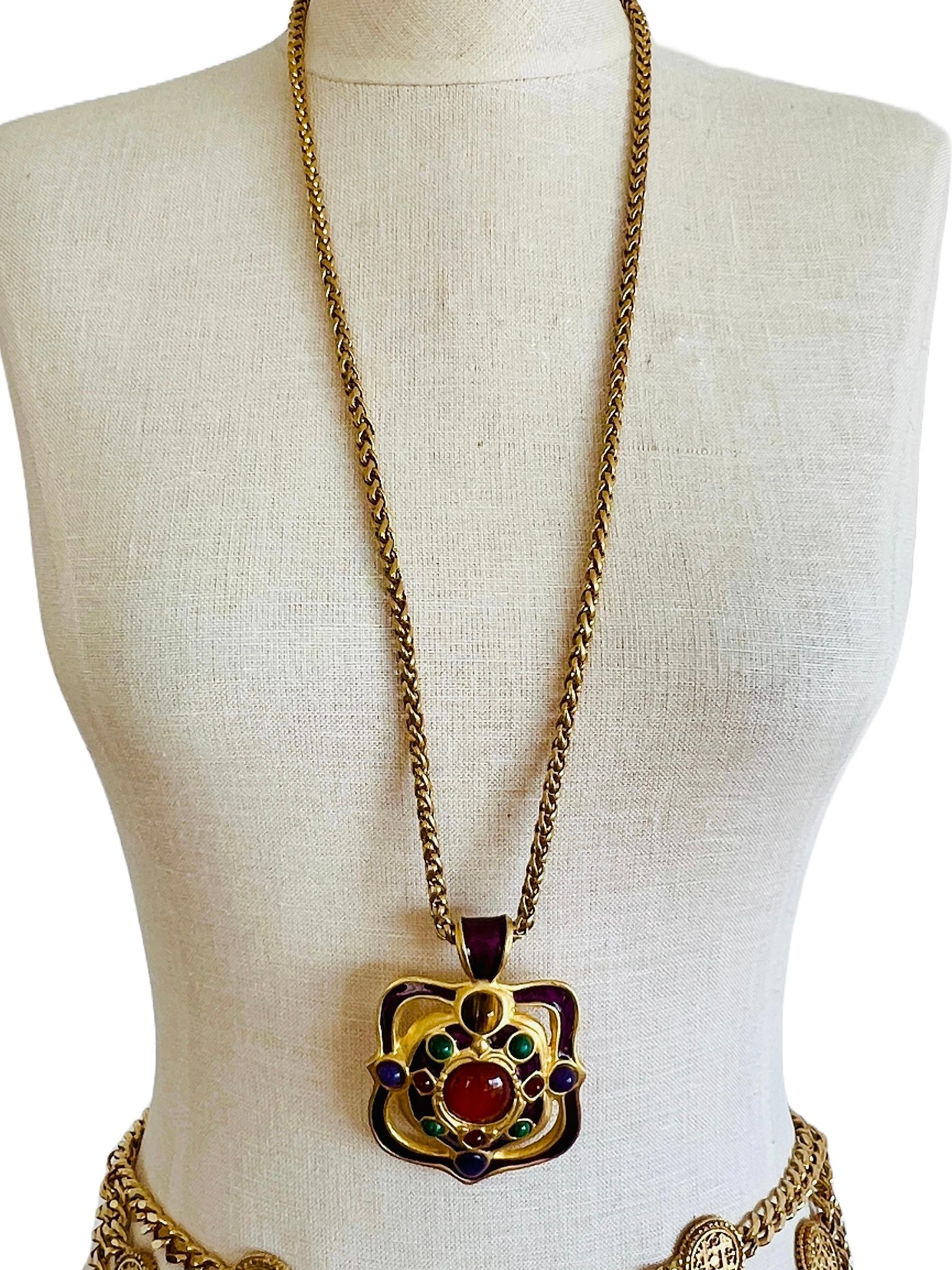Large Heavy Gem Cabochon Enamel Franco Chain Choker Necklace Carnelian Malachite In Good Condition For Sale In Sausalito, CA
