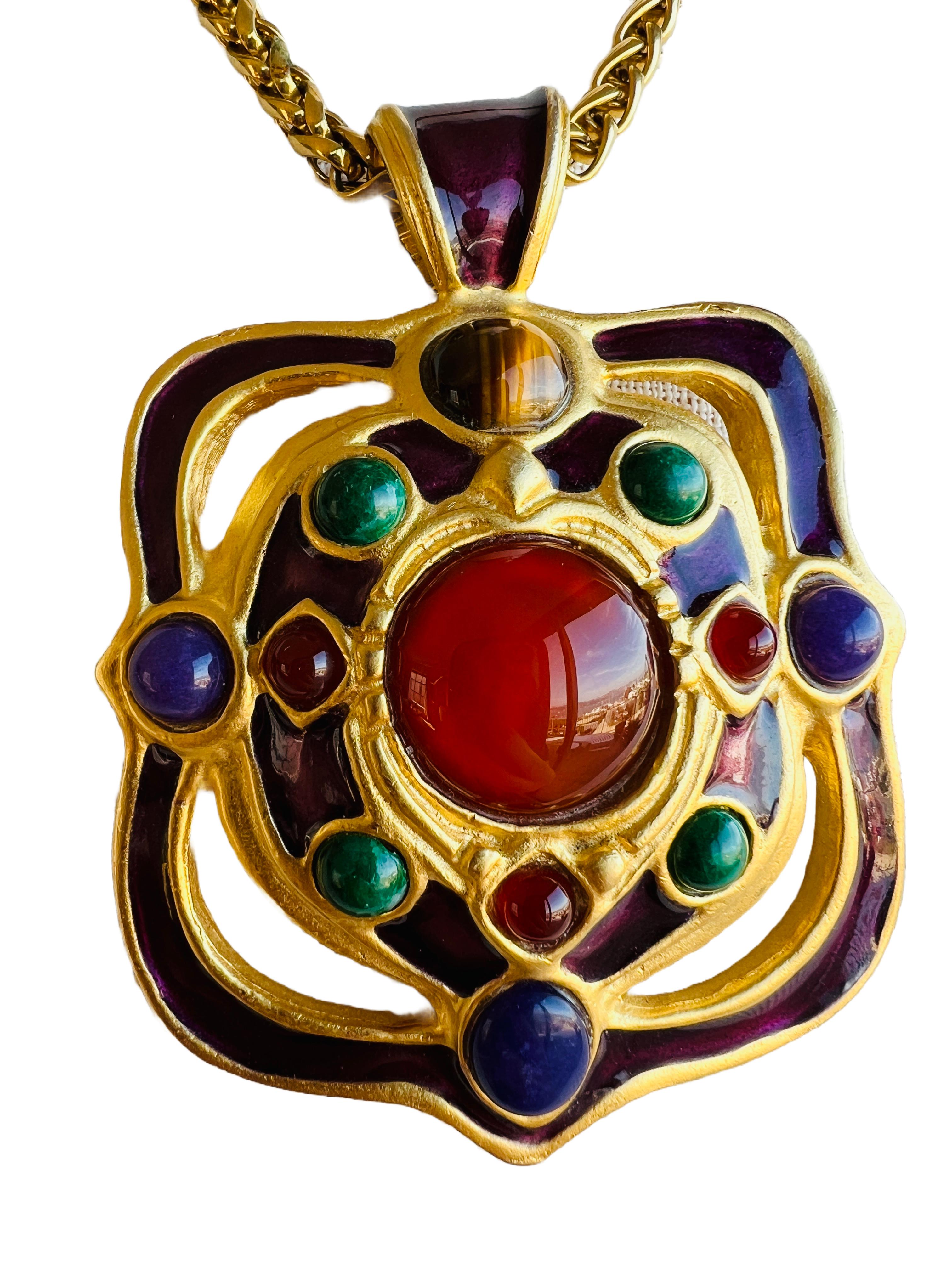 Women's Large Heavy Gem Cabochon Enamel Franco Chain Choker Necklace Carnelian Malachite For Sale