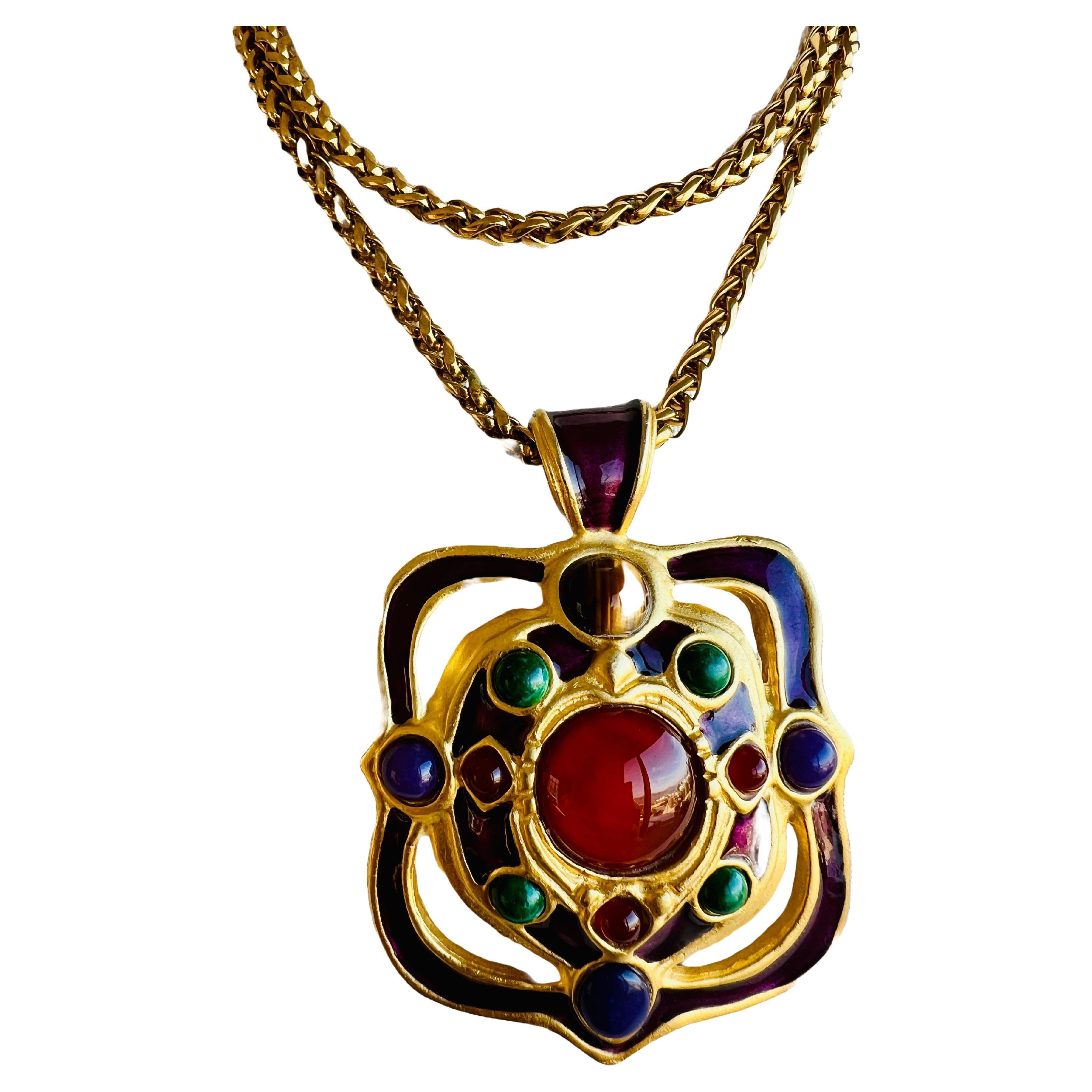 Large Heavy Gem Cabochon Enamel Franco Chain Choker Necklace Carnelian Malachite For Sale 1