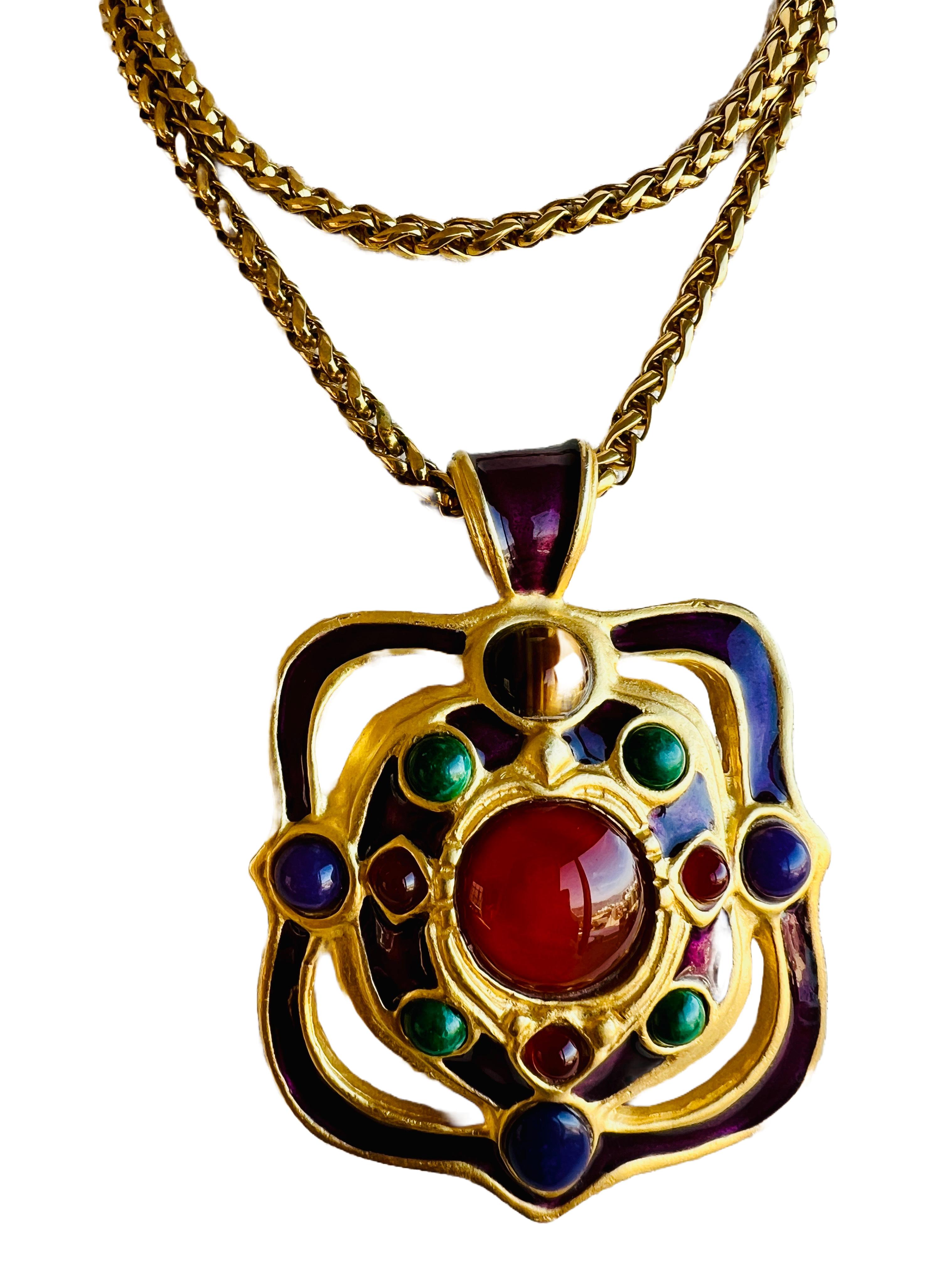 Large Heavy Gem Cabochon Enamel Franco Chain Choker Necklace Carnelian Malachite For Sale 2