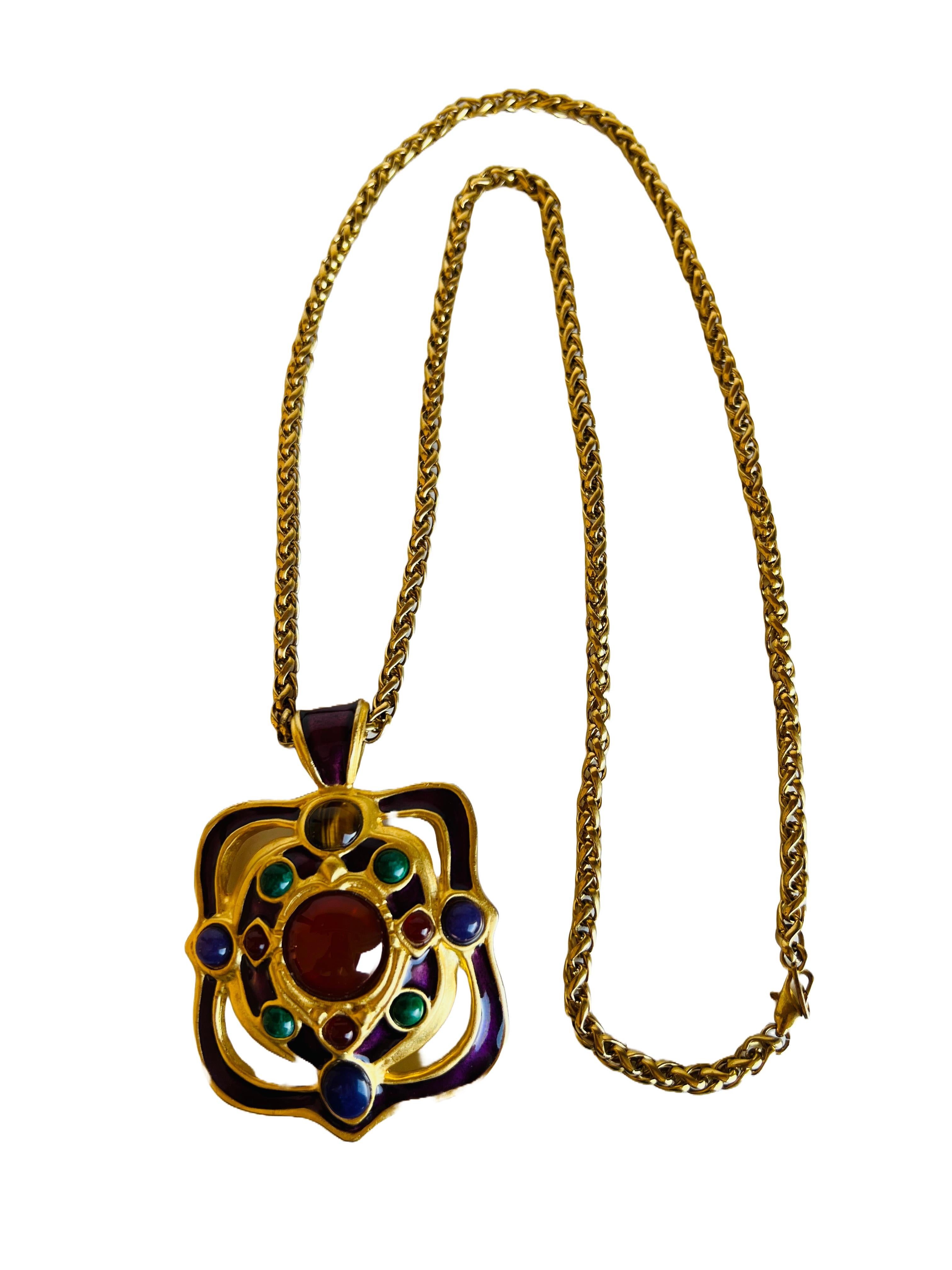 Large Heavy Gem Cabochon Enamel Franco Chain Choker Necklace Carnelian Malachite For Sale 3