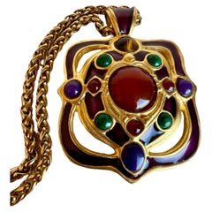 Large Heavy Gem Cabochon Enamel Franco Chain Choker Necklace Carnelian Malachite