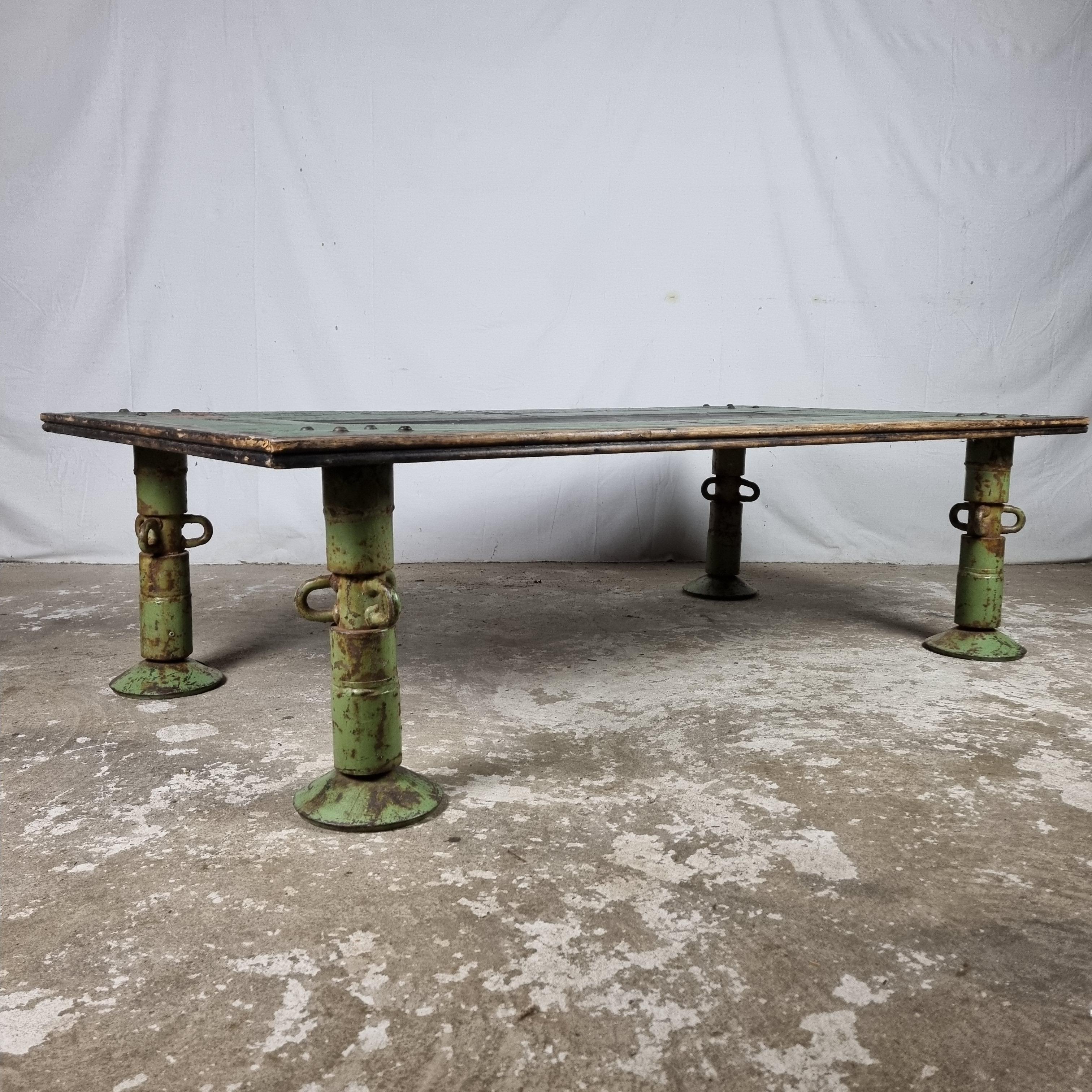Large heavy industrial vintage coffee table from reclaimed wood, cast iron legs 1