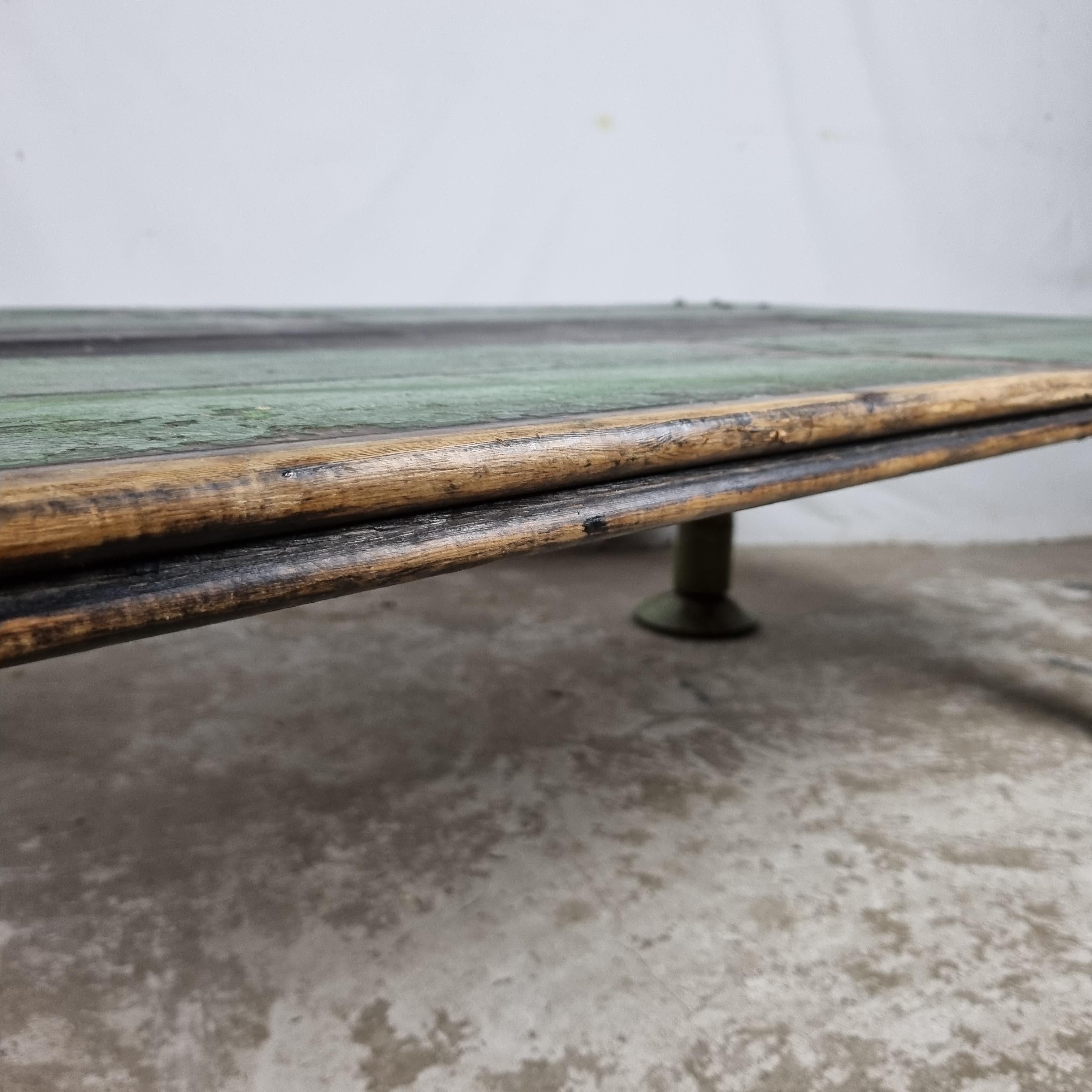 Large heavy industrial vintage coffee table from reclaimed wood, cast iron legs 3