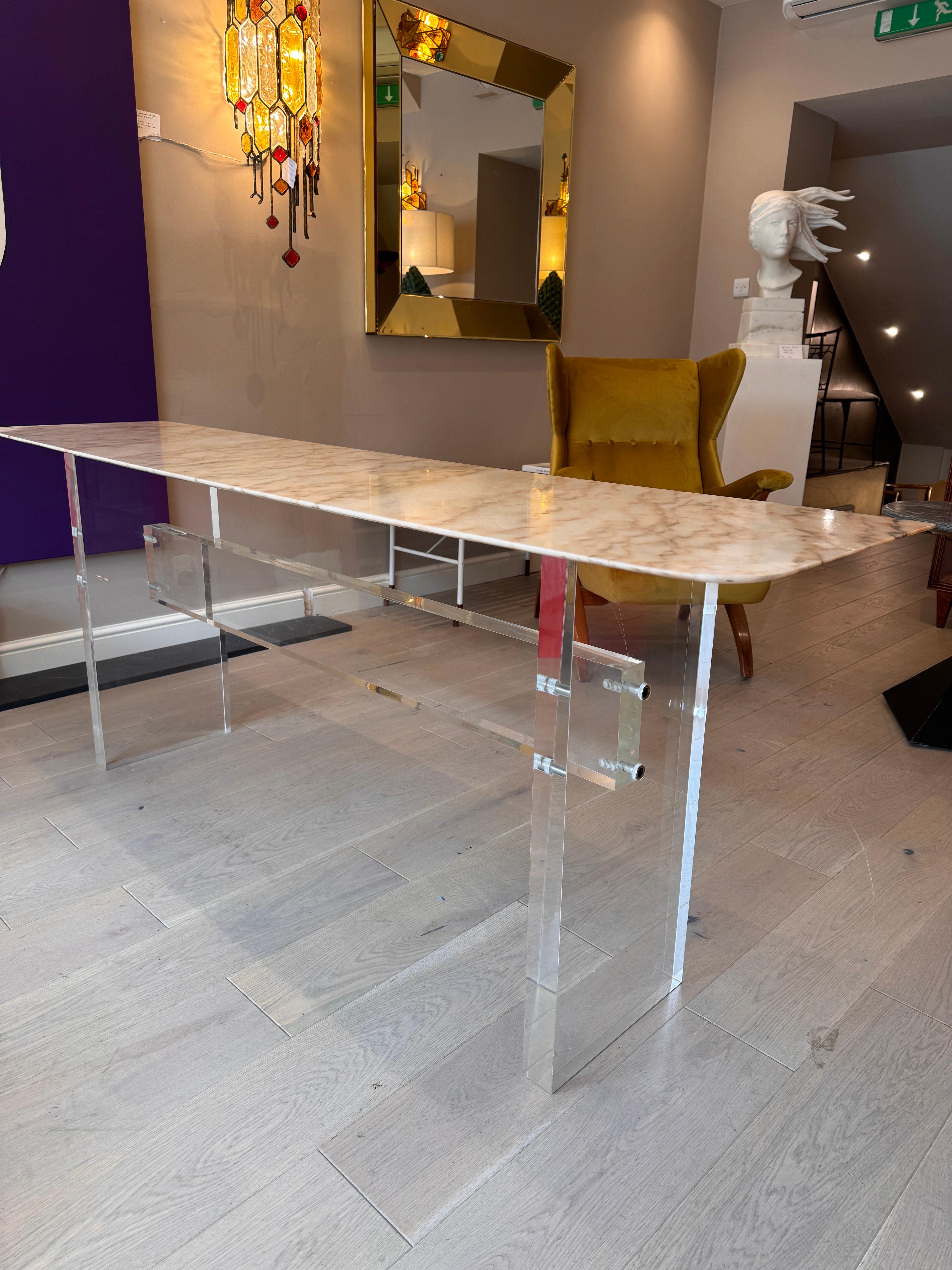 Italian Large heavy lucite and Carrara marble sofa/console table For Sale