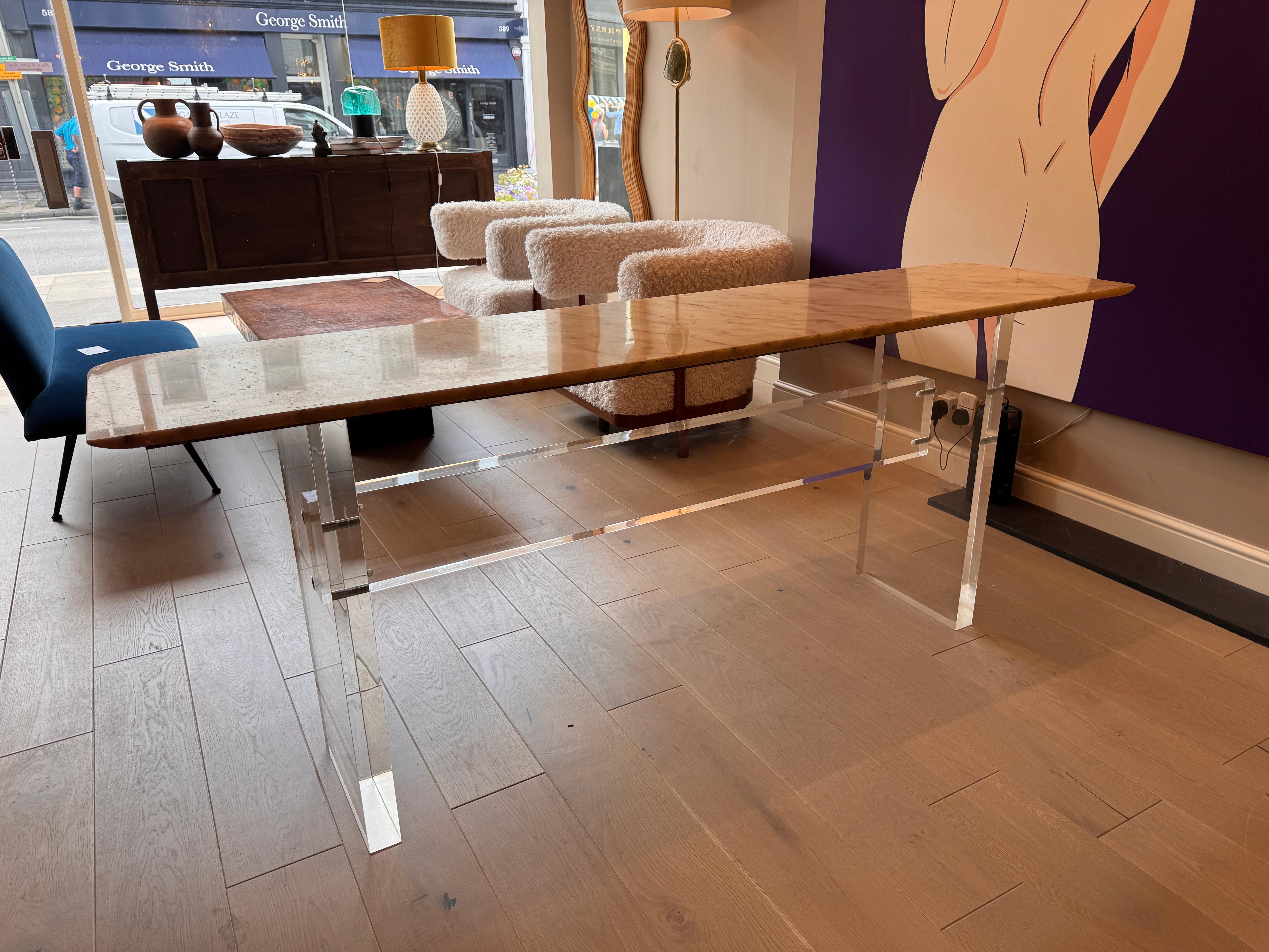 Hand-Crafted Large heavy lucite and Carrara marble sofa/console table For Sale