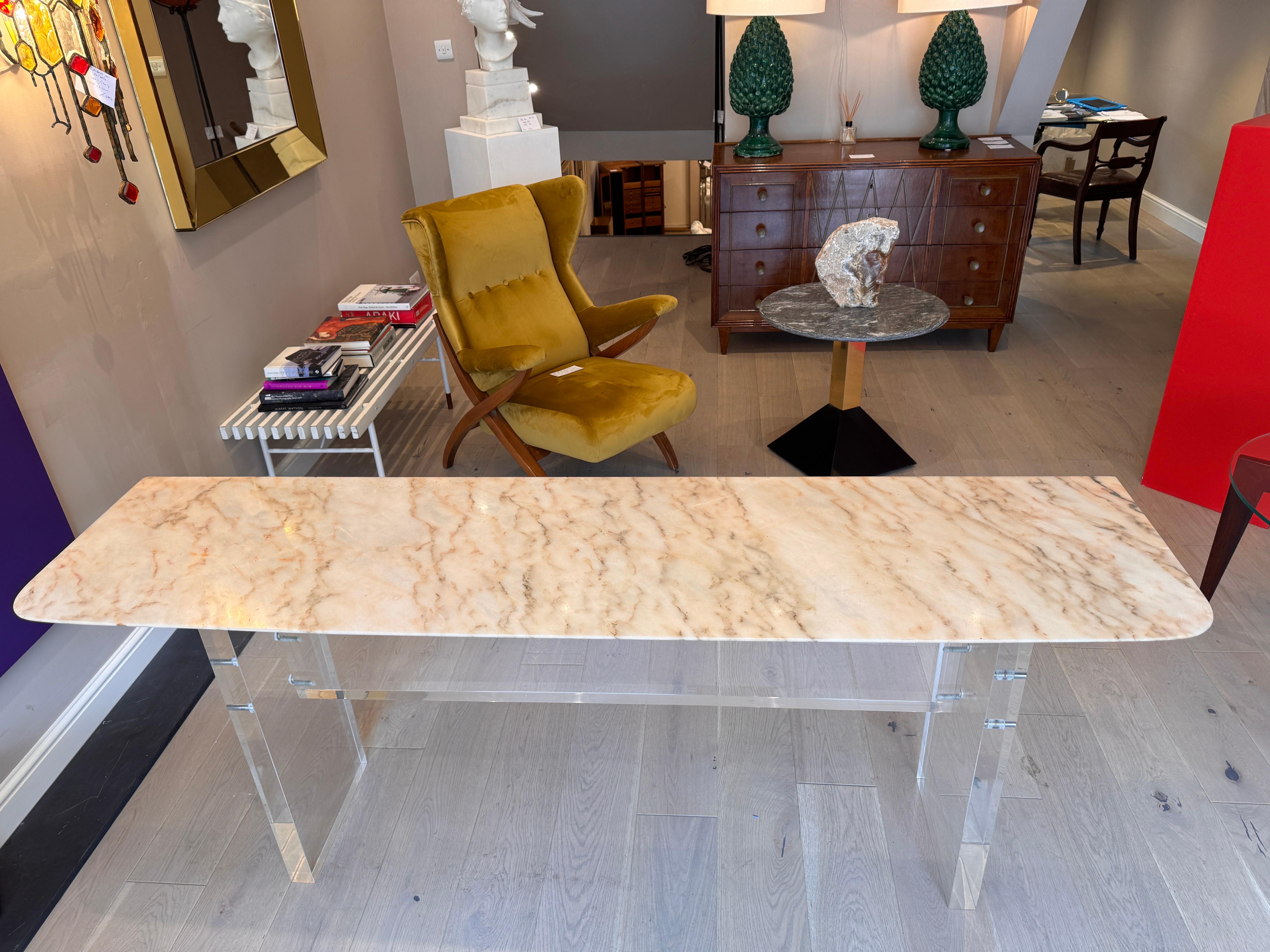 Large heavy lucite and Carrara marble sofa/console table In Good Condition For Sale In London, GB