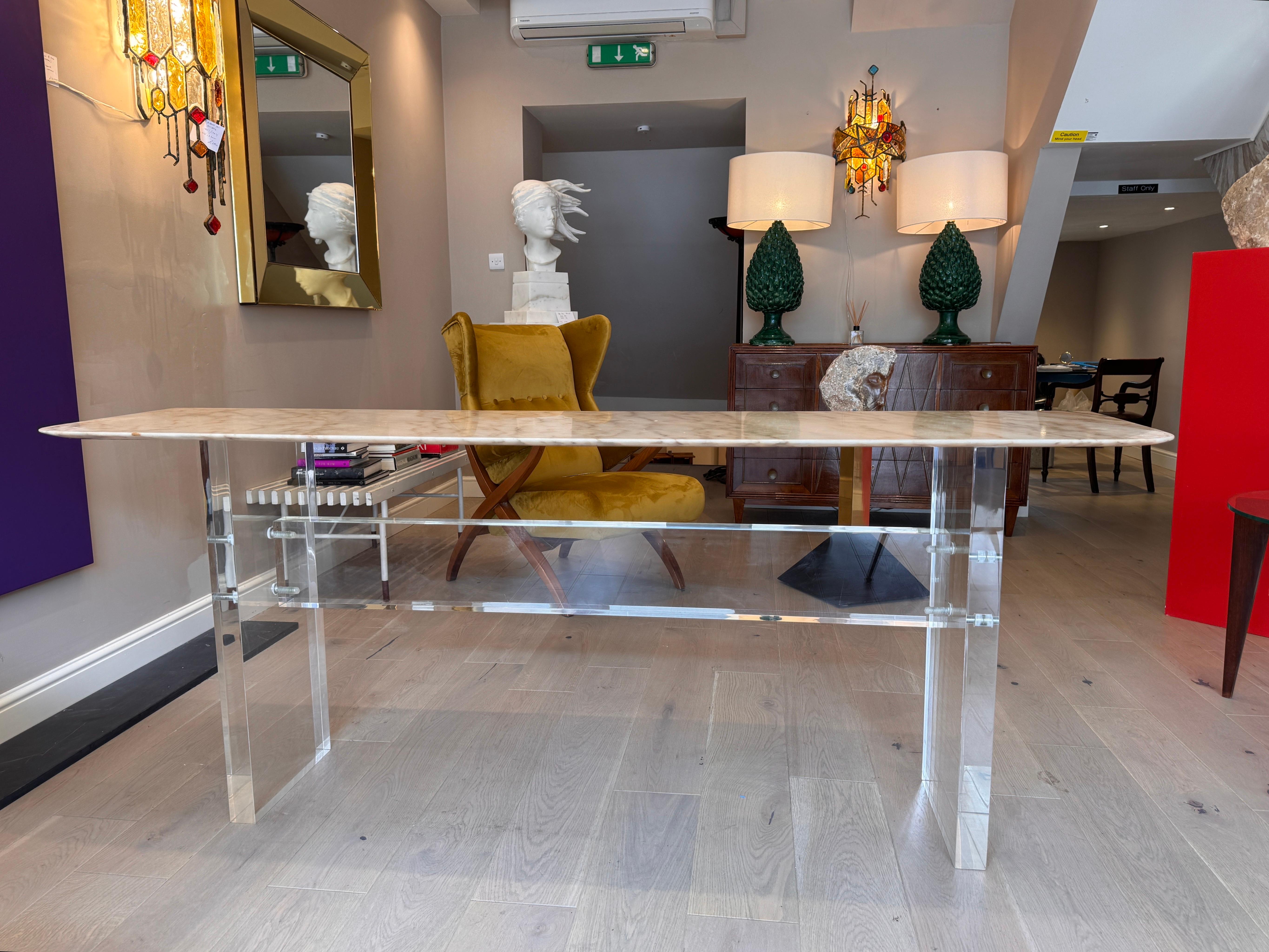 Lucite Large heavy lucite and Carrara marble sofa/console table For Sale