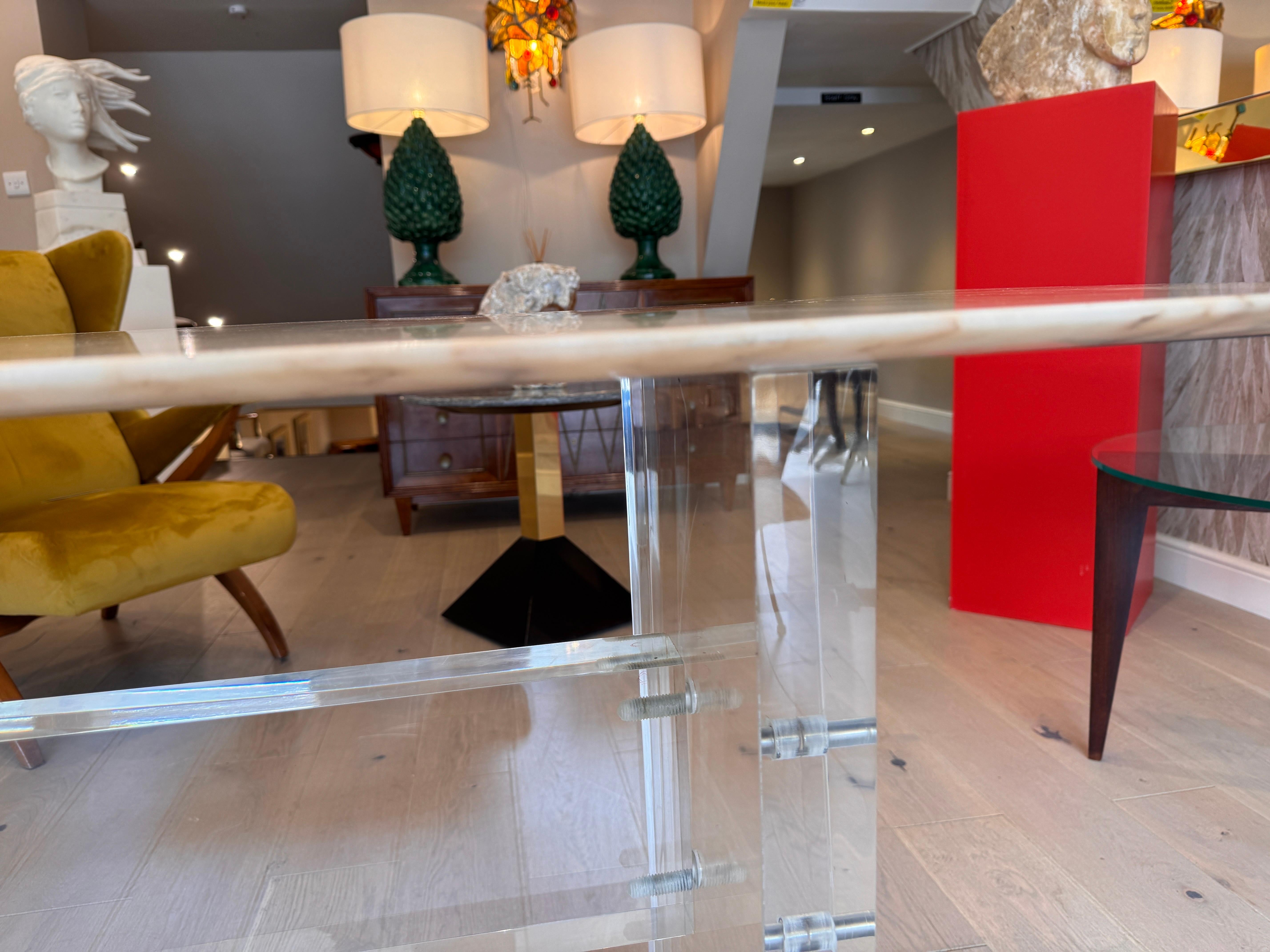 Large heavy lucite and Carrara marble sofa/console table For Sale 1