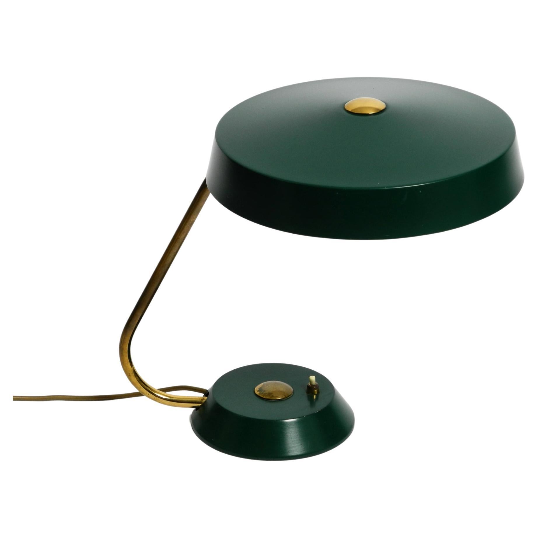 Large heavy Mid Century metal table lamp in British Green in dreamlike condition For Sale