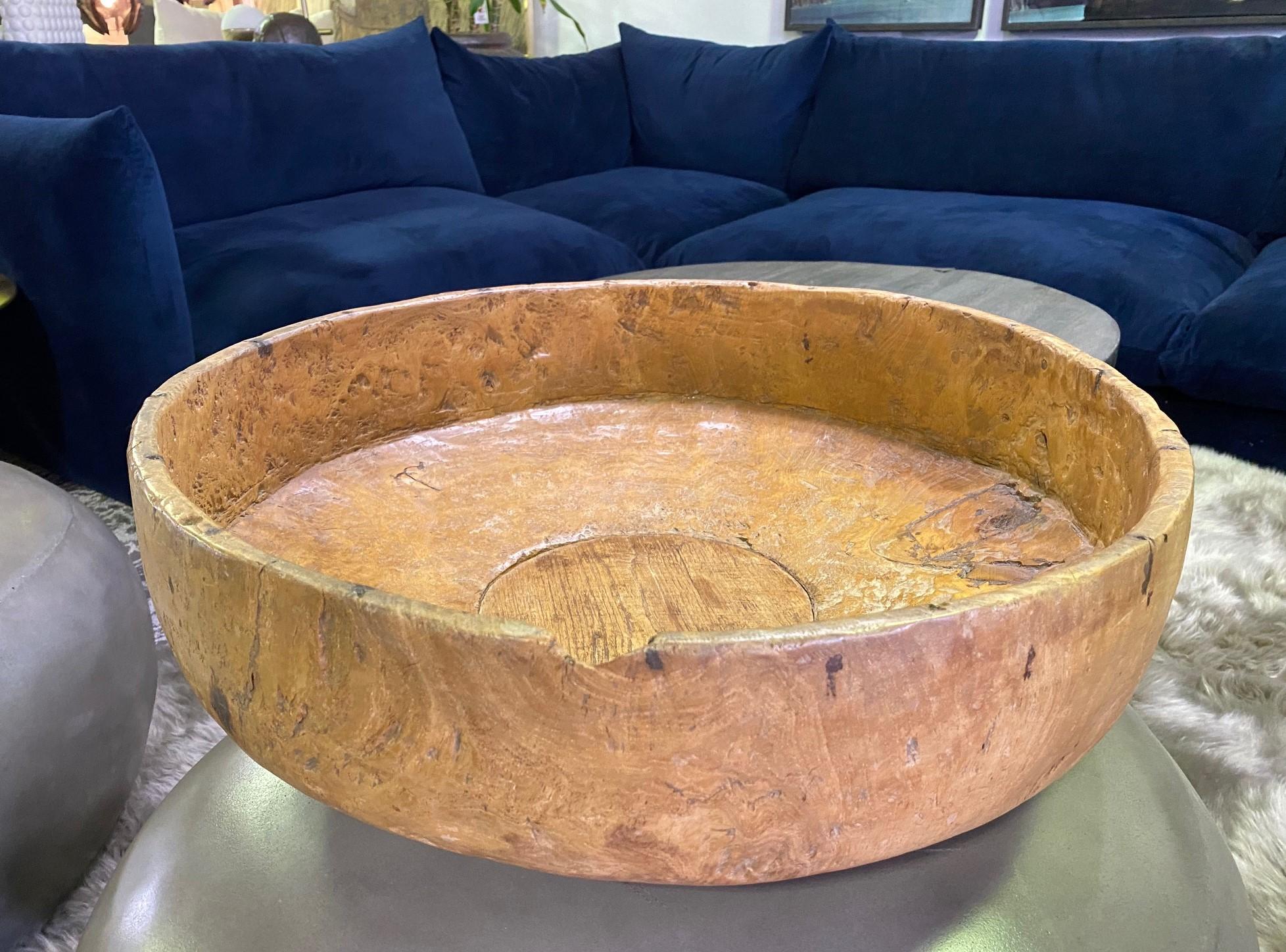 Large Heavy Monumental Massive Rustic Wood Carved Centerpiece Bowl 3