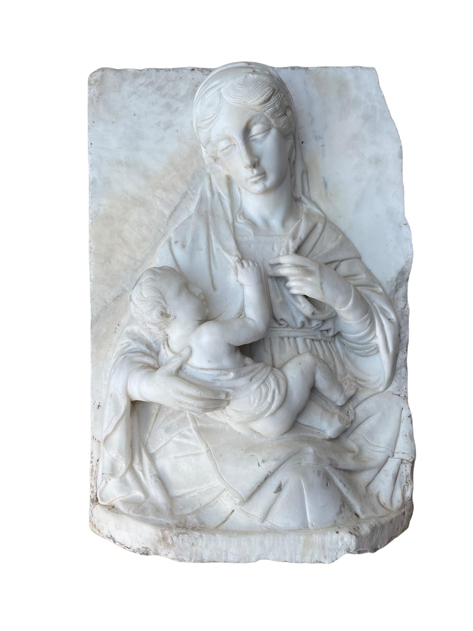 Large Heavy Rectangular Carved Marble Relief of Madonna and Baby Jesus For Sale 4