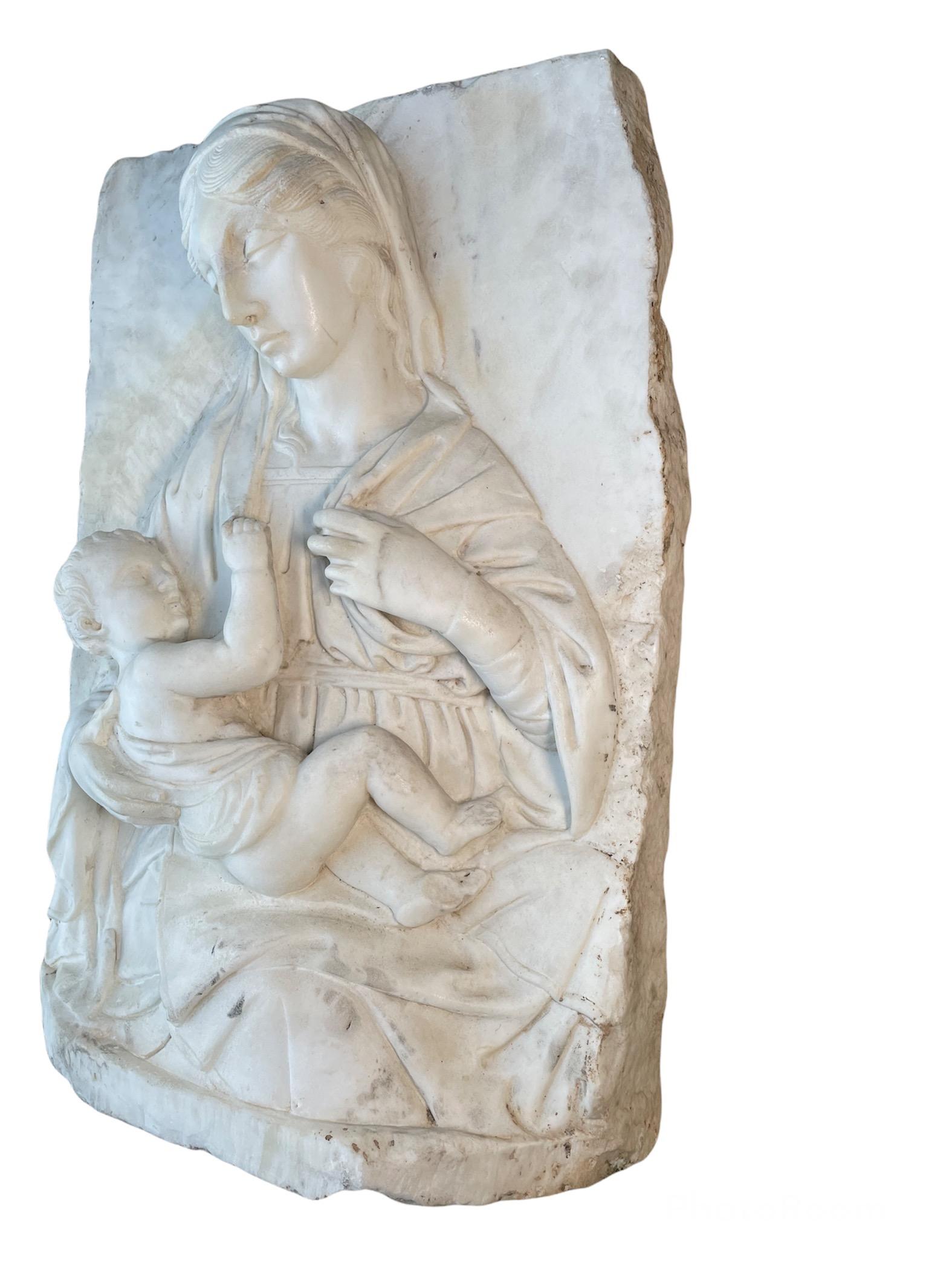 Neoclassical Large Heavy Rectangular Carved Marble Relief of Madonna and Baby Jesus For Sale
