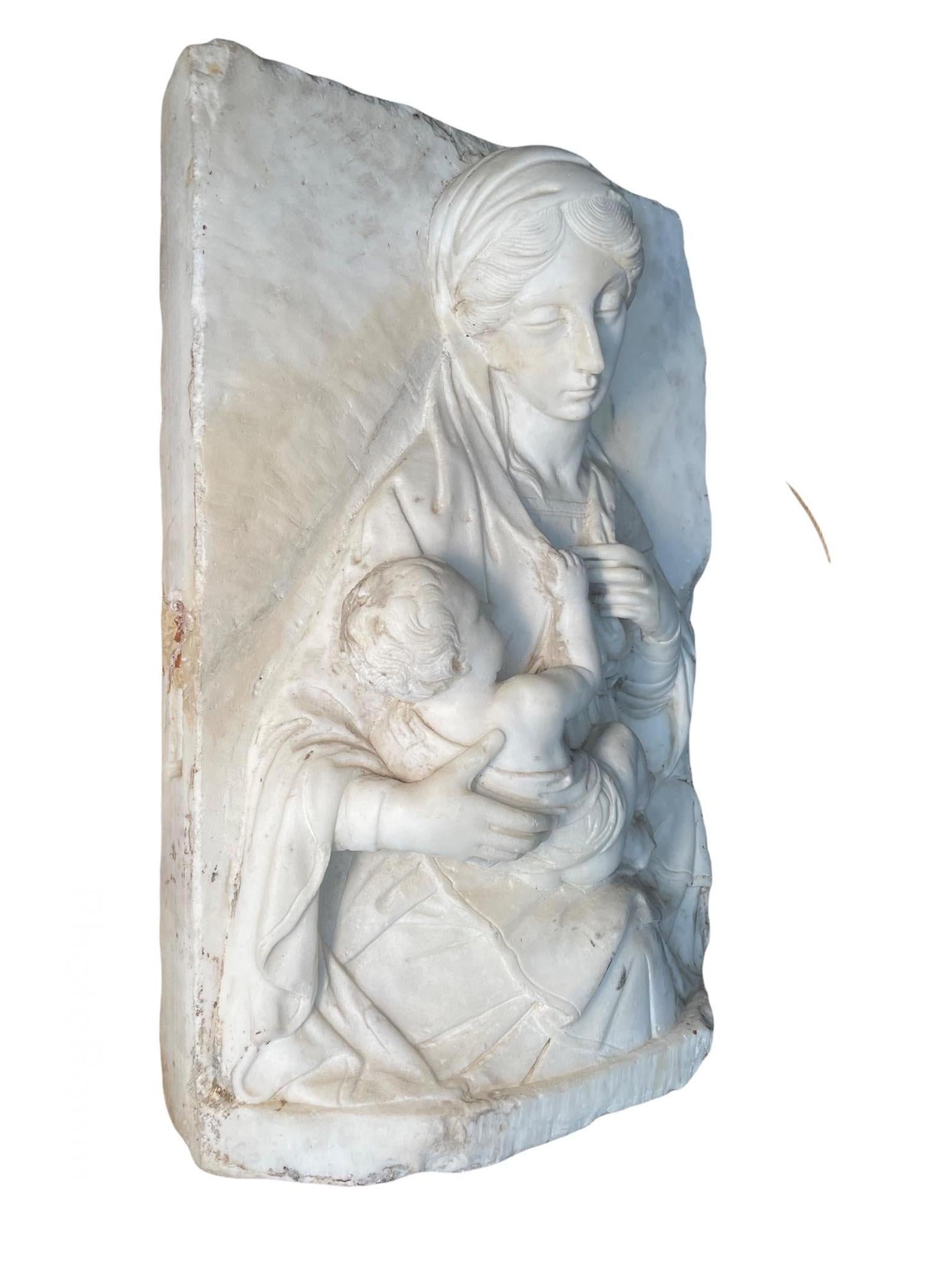 Italian Large Heavy Rectangular Carved Marble Relief of Madonna and Baby Jesus