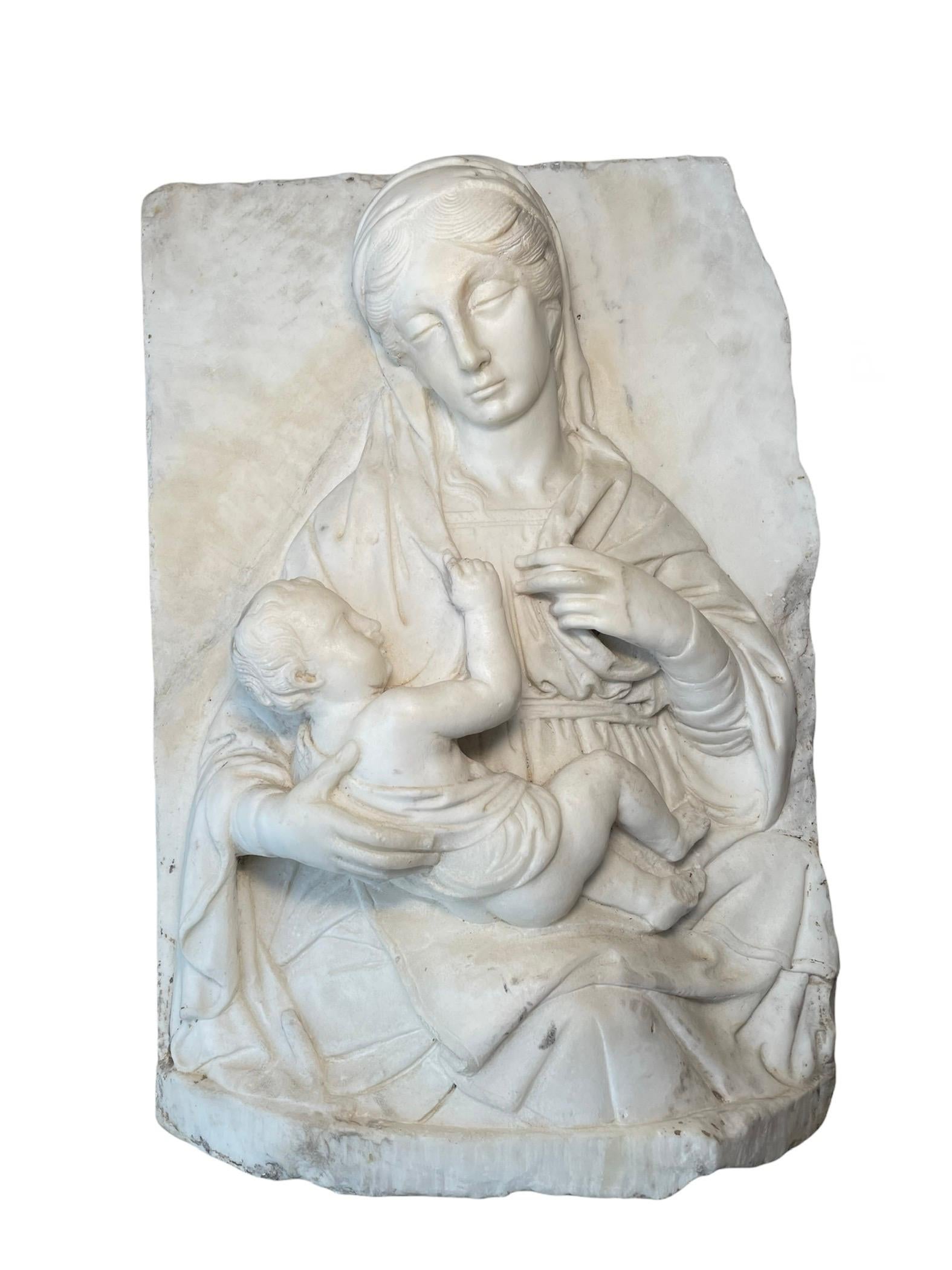 18th Century and Earlier Large Heavy Rectangular Carved Marble Relief of Madonna and Baby Jesus For Sale