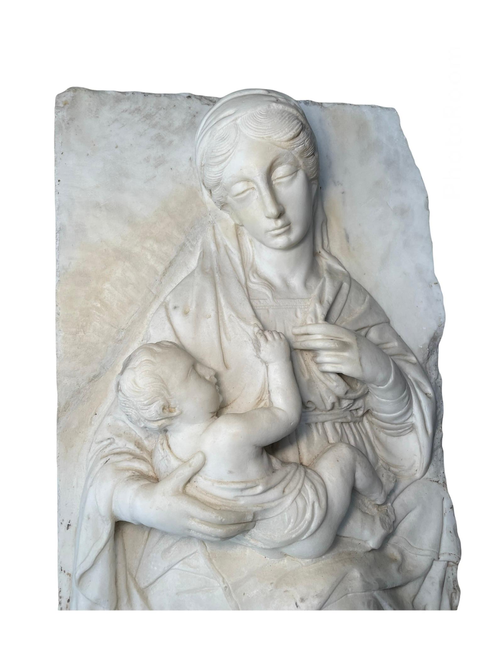 Large Heavy Rectangular Carved Marble Relief of Madonna and Baby Jesus 3