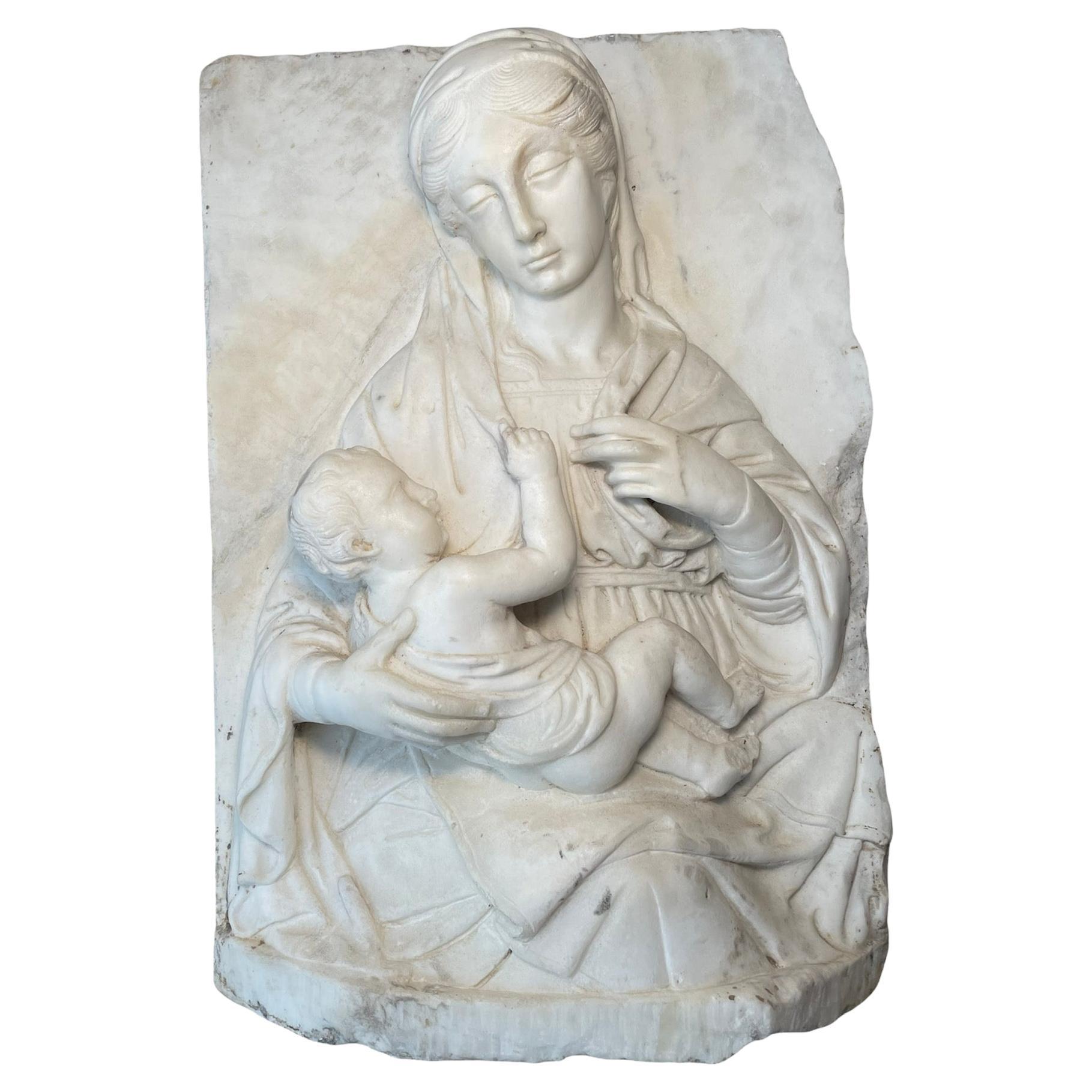 Large Heavy Rectangular Carved Marble Relief of Madonna and Baby Jesus For Sale