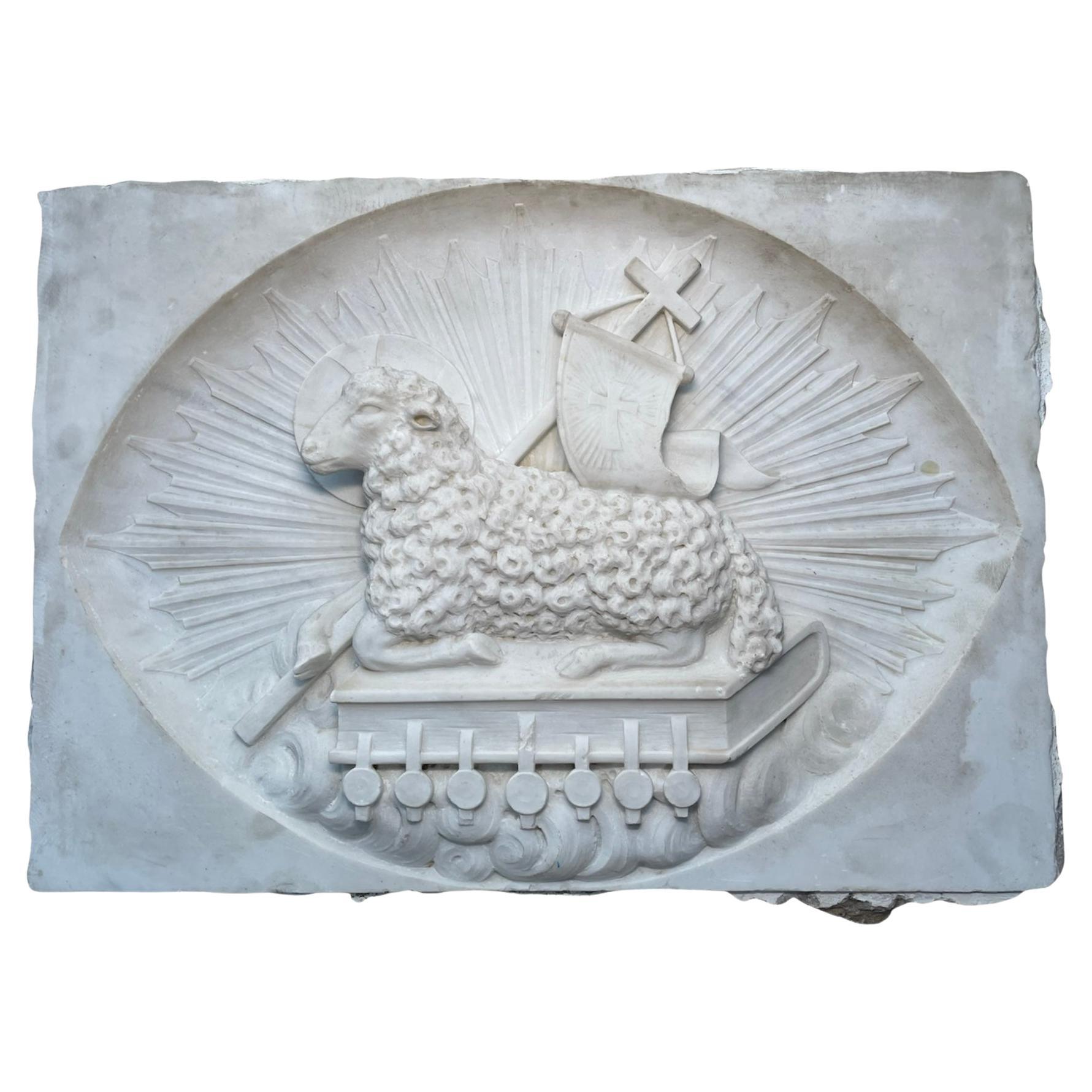 Large Heavy Rectangular Carved Marble Relief of the Agnus Dei 'Lamb of God'
