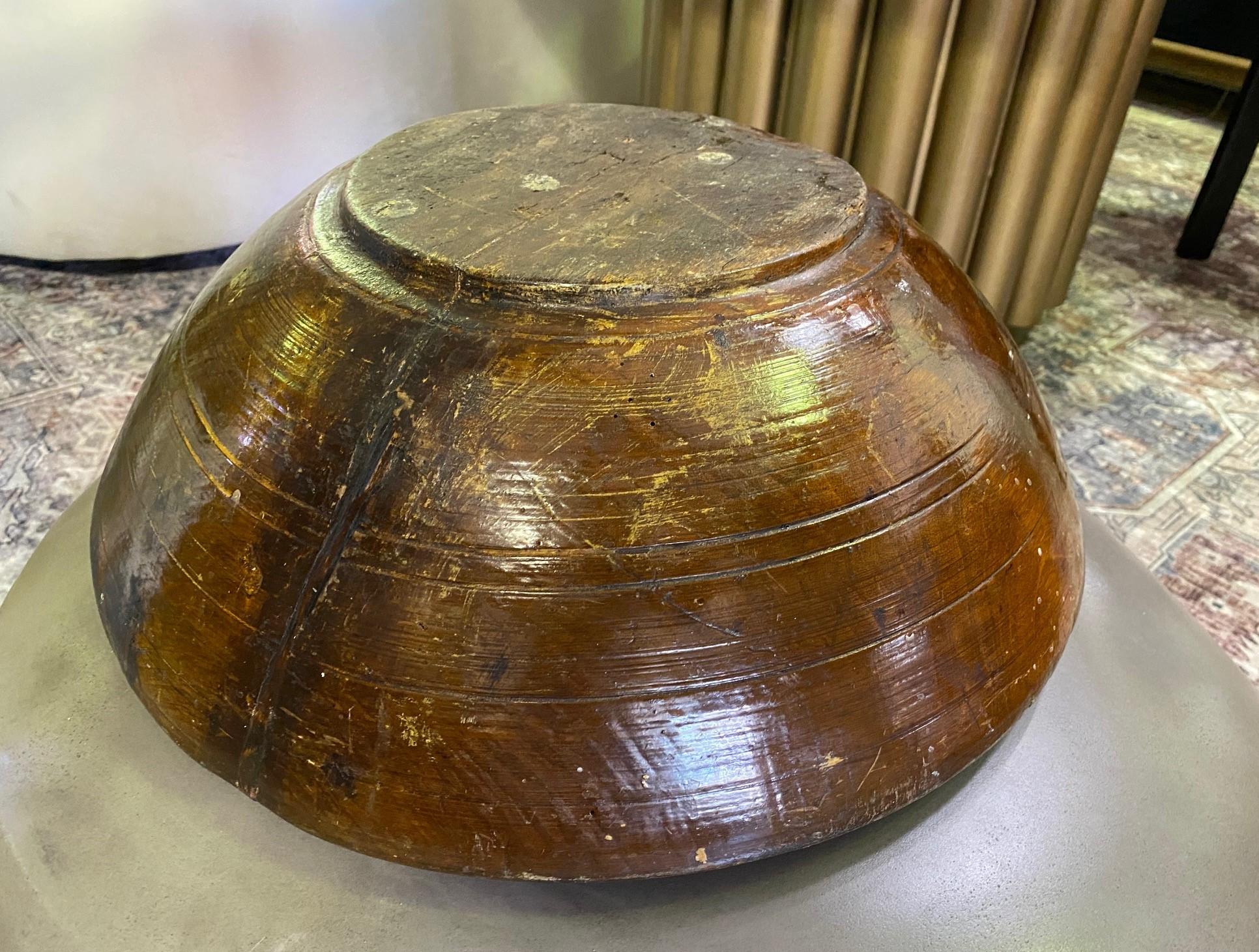 Large Heavy Rustic Wood Hand Turned Carved Centerpiece Bowl, 1800s For Sale 7