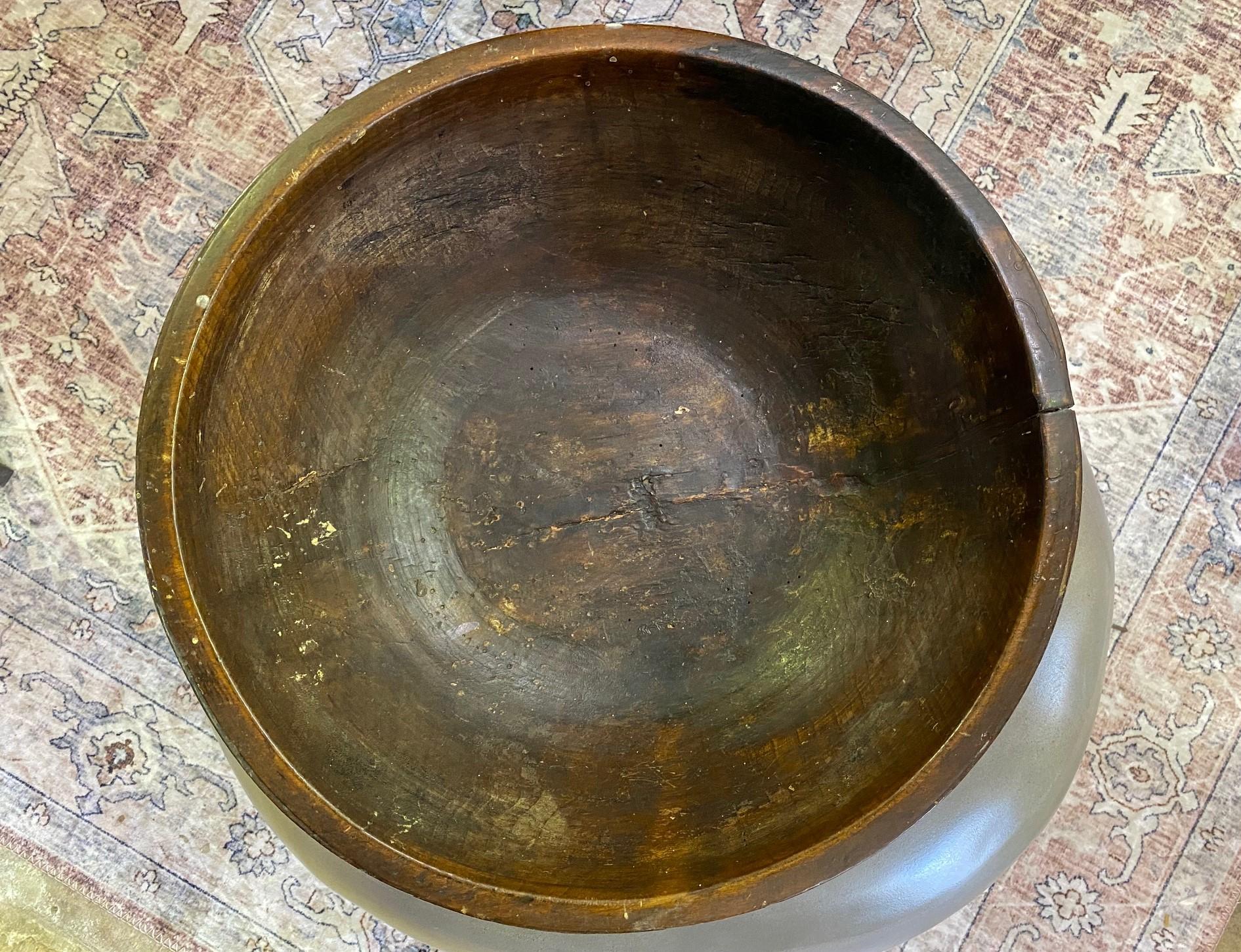 Large Heavy Rustic Wood Hand Turned Carved Centerpiece Bowl, 1800s In Good Condition For Sale In Studio City, CA