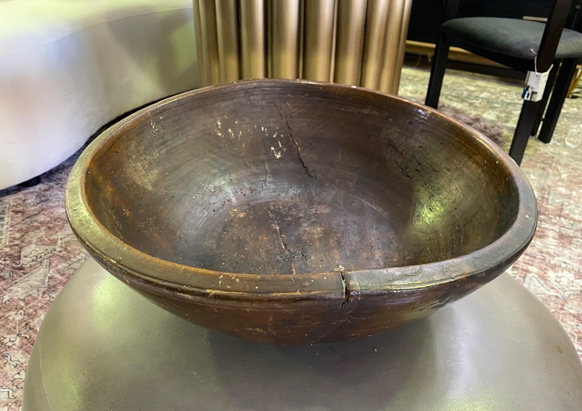 19th Century Large Heavy Rustic Wood Hand Turned Carved Centerpiece Bowl, 1800s For Sale
