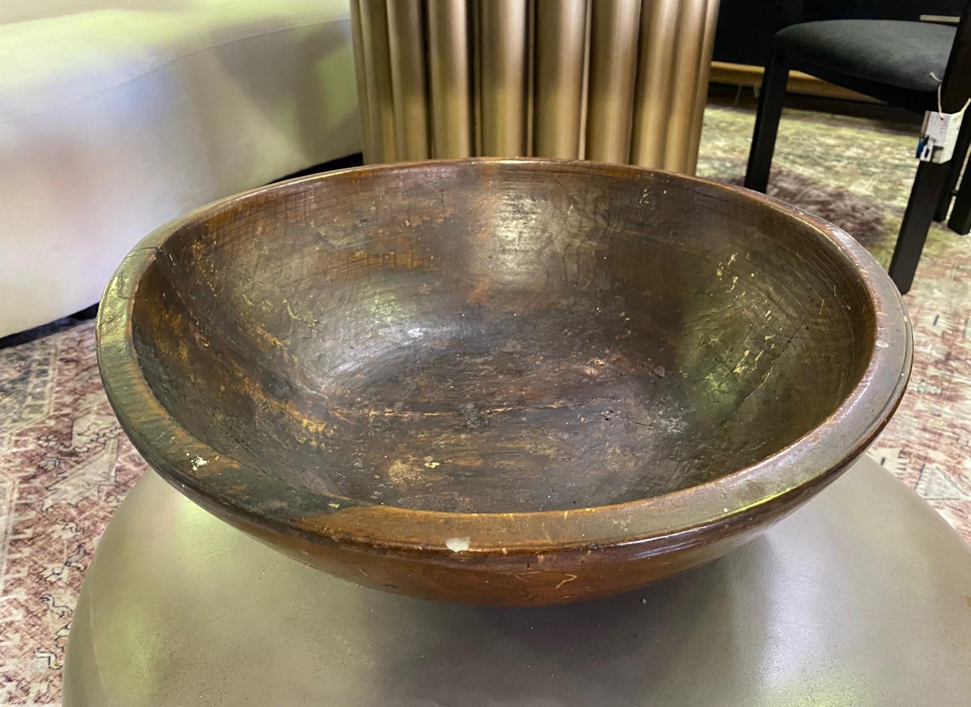 Large Heavy Rustic Wood Hand Turned Carved Centerpiece Bowl, 1800s For Sale 1