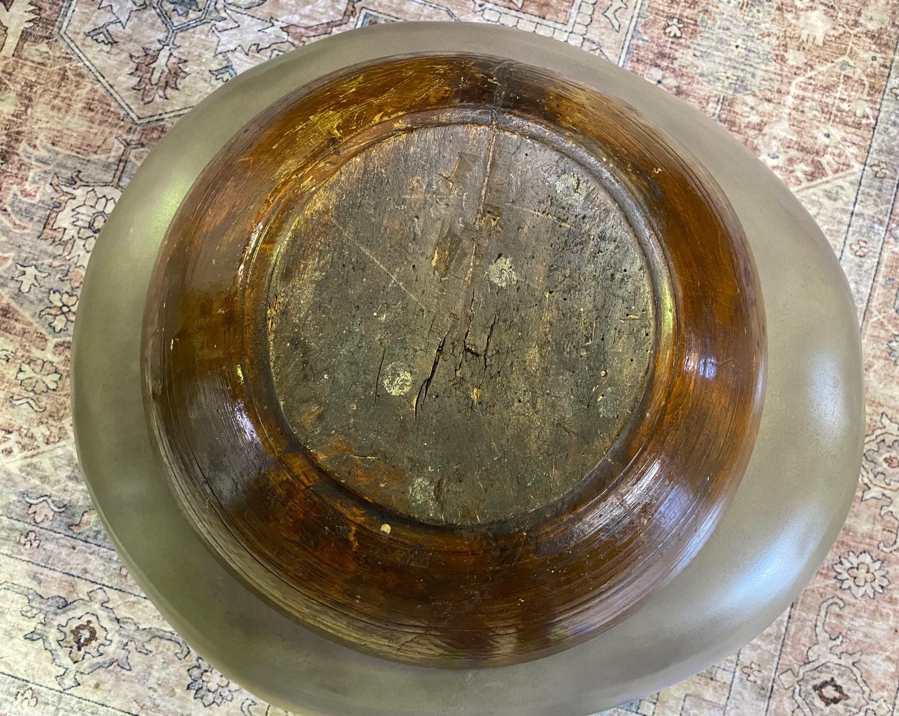 Large Heavy Rustic Wood Hand Turned Carved Centerpiece Bowl, 1800s For Sale 3