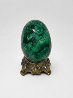 Large & Heavy Sculpted Malachite Egg Specimen Sculpture on Ornate Brass Stand