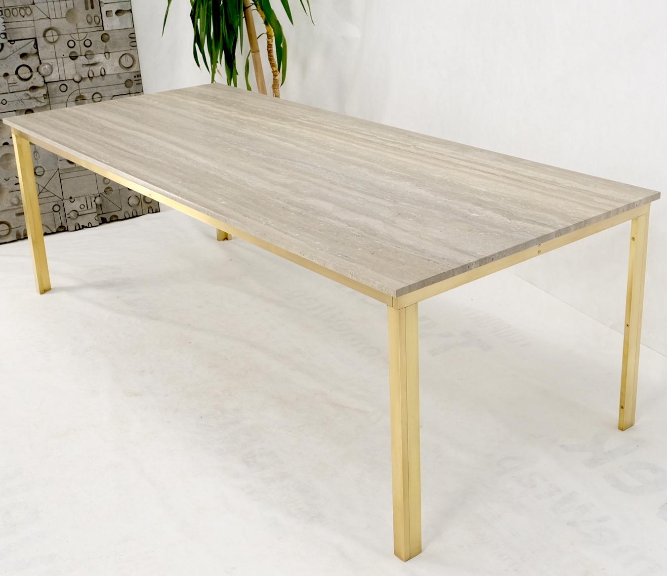 Large heavy solid brass base 8' long Travertine top rectangle dining table.
Studio made heavy solid brass base travertine top conference table.