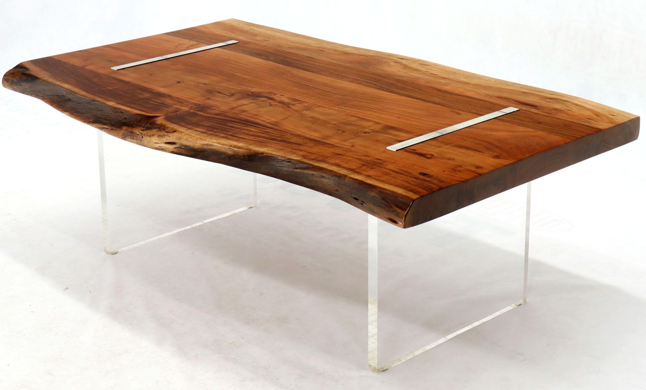 Varnished Large Heavy Solid Teak Slab Floating Top Coffee Table on Lucite Legs