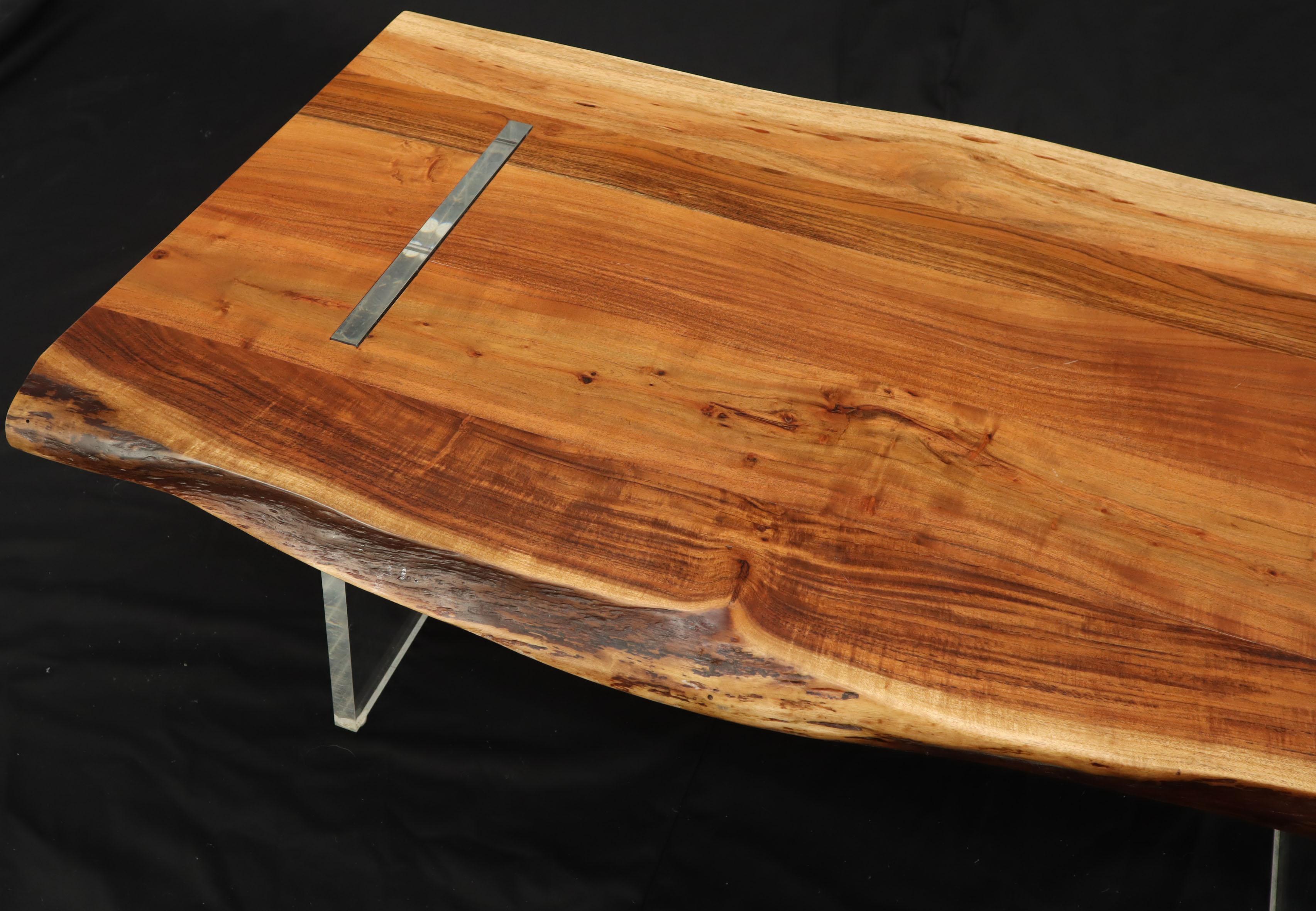 Contemporary Large Heavy Solid Teak Slab Floating Top Coffee Table on Lucite Legs